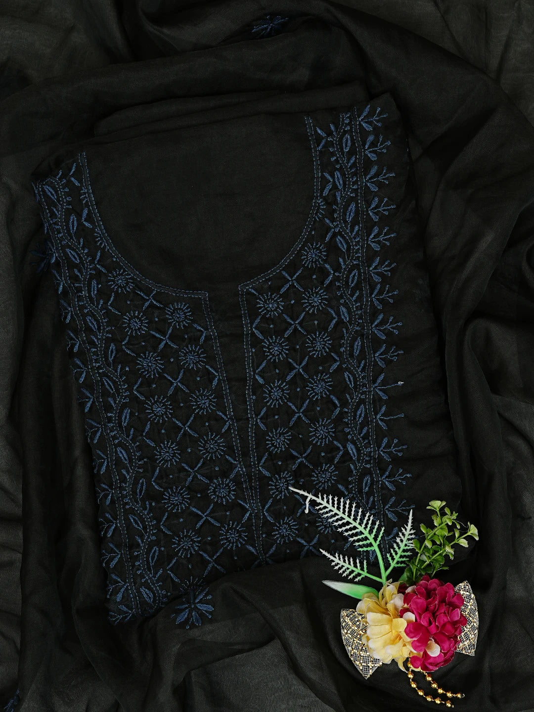 Ada Hand Embroidered Black Organza Lucknowi Chikankari Unstitched Kurta Dupatta Set 01A802358