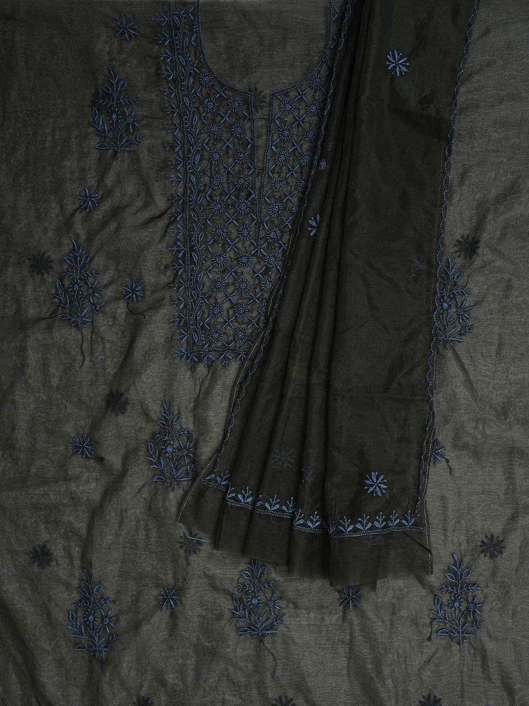 Ada Hand Embroidered Black Organza Lucknowi Chikankari Unstitched Kurta Dupatta Set 01A802358
