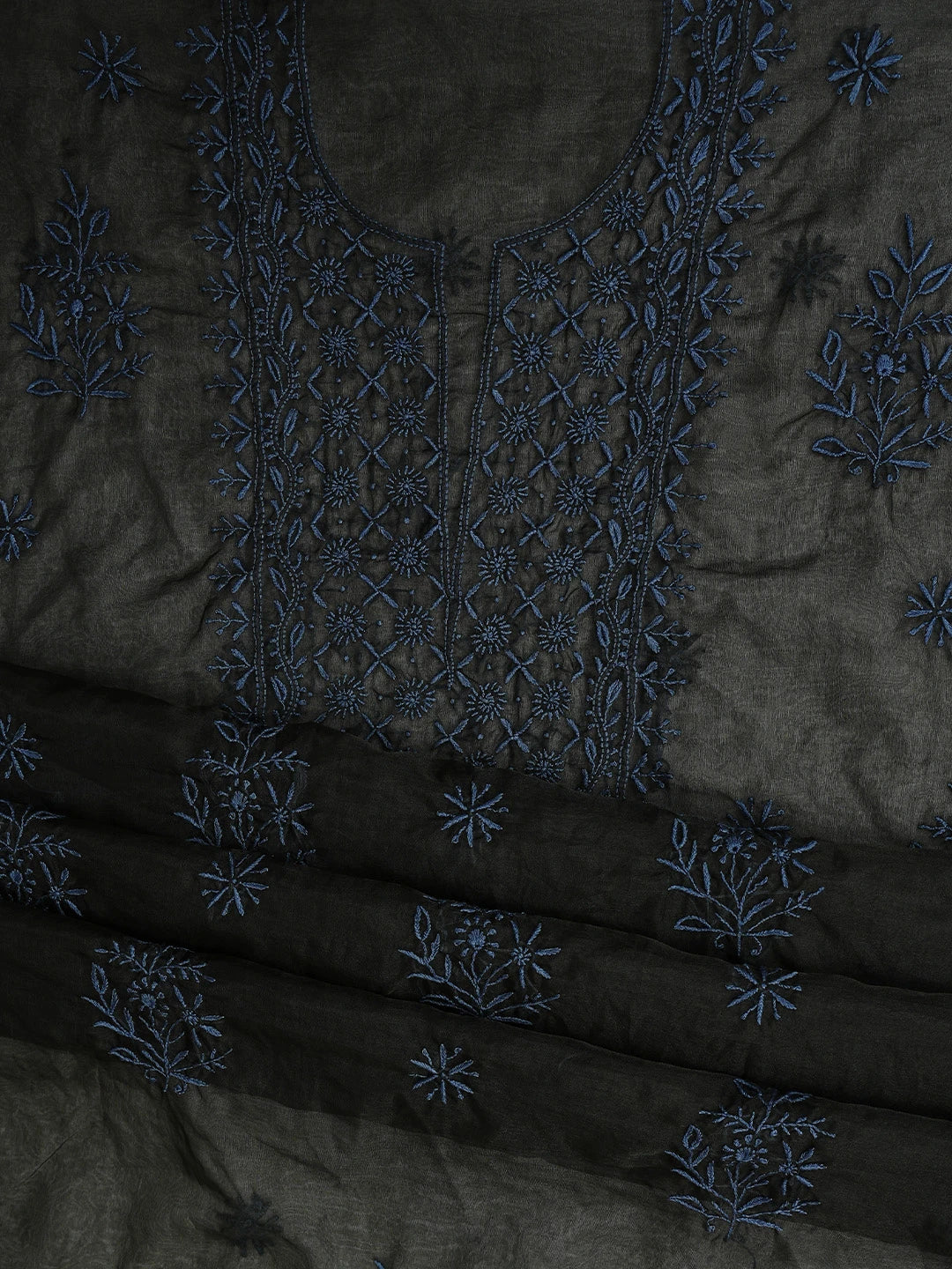Ada Hand Embroidered Black Organza Lucknowi Chikankari Unstitched Kurta Dupatta Set 01A802358