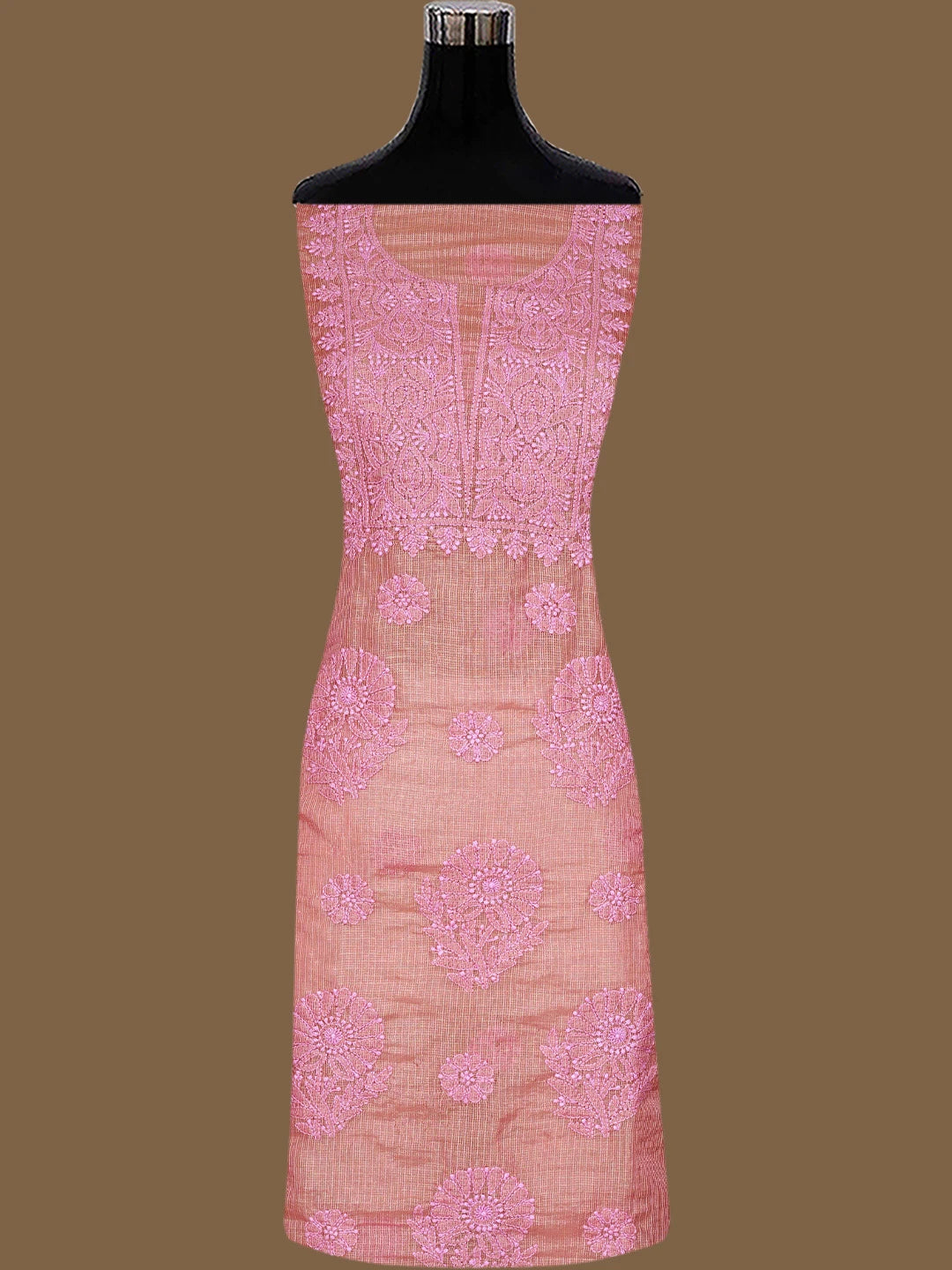 Ada Hand Embroidered Onion Pink Kota Tissue Lucknowi Chikankari Unstitched Kurta Dupatta Set 01A802329