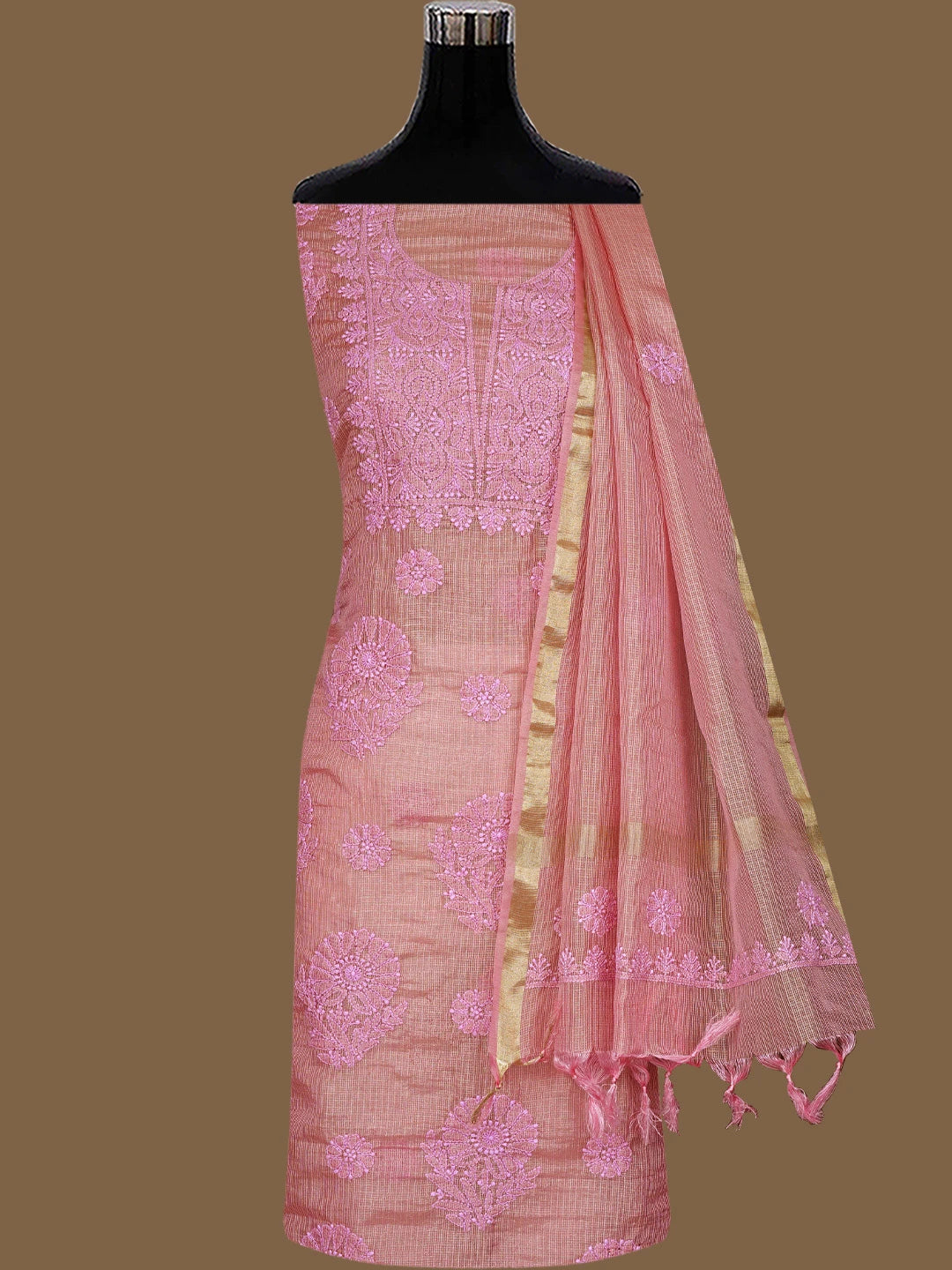 Ada Hand Embroidered Onion Pink Kota Tissue Lucknowi Chikankari Unstitched Kurta Dupatta Set 01A802329