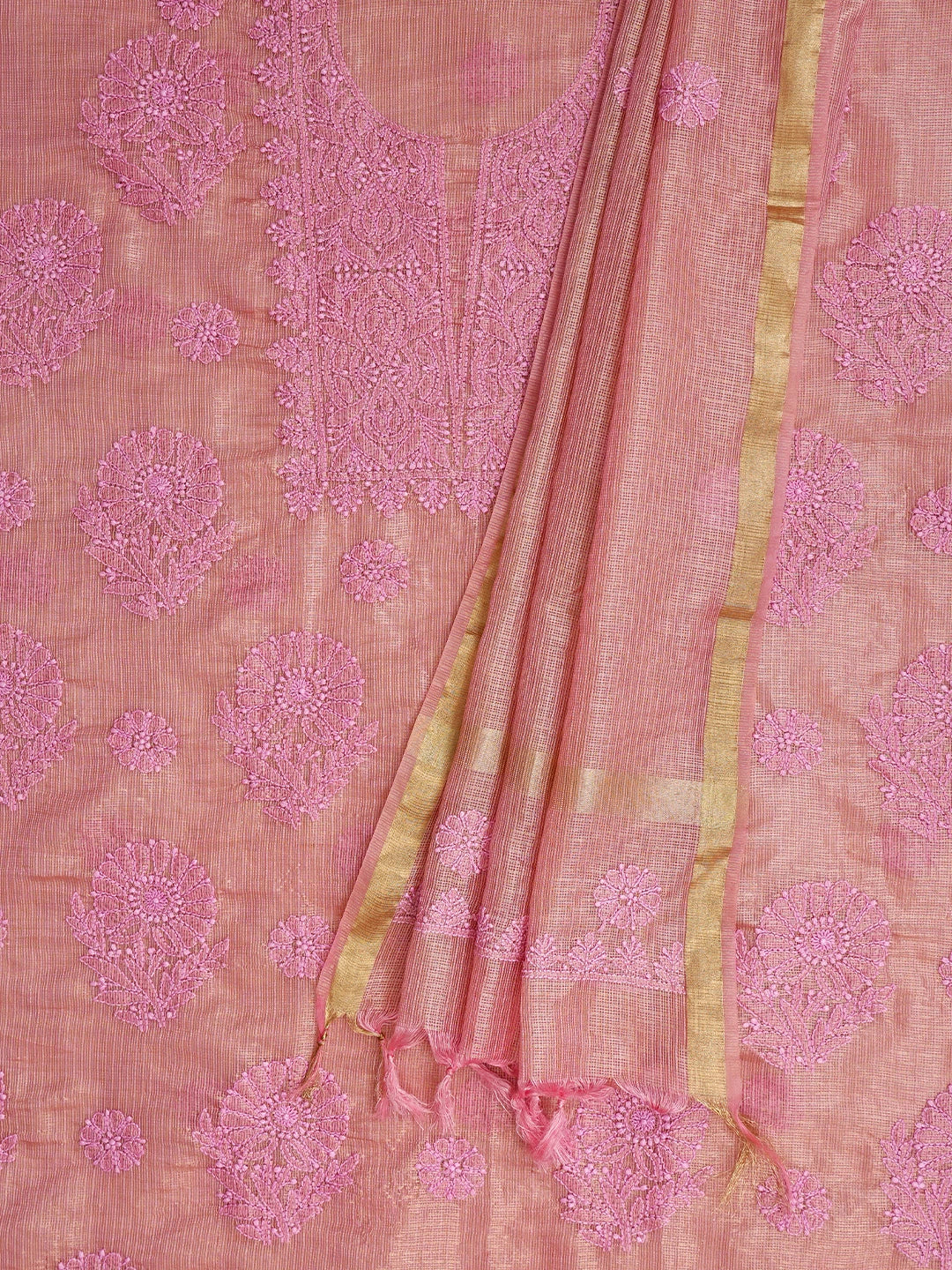 Ada Hand Embroidered Onion Pink Kota Tissue Lucknowi Chikankari Unstitched Kurta Dupatta Set 01A802329