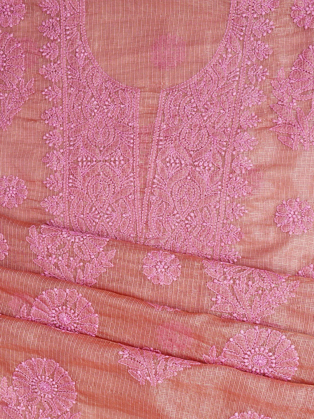 Ada Hand Embroidered Onion Pink Kota Tissue Lucknowi Chikankari Unstitched Kurta Dupatta Set 01A802329