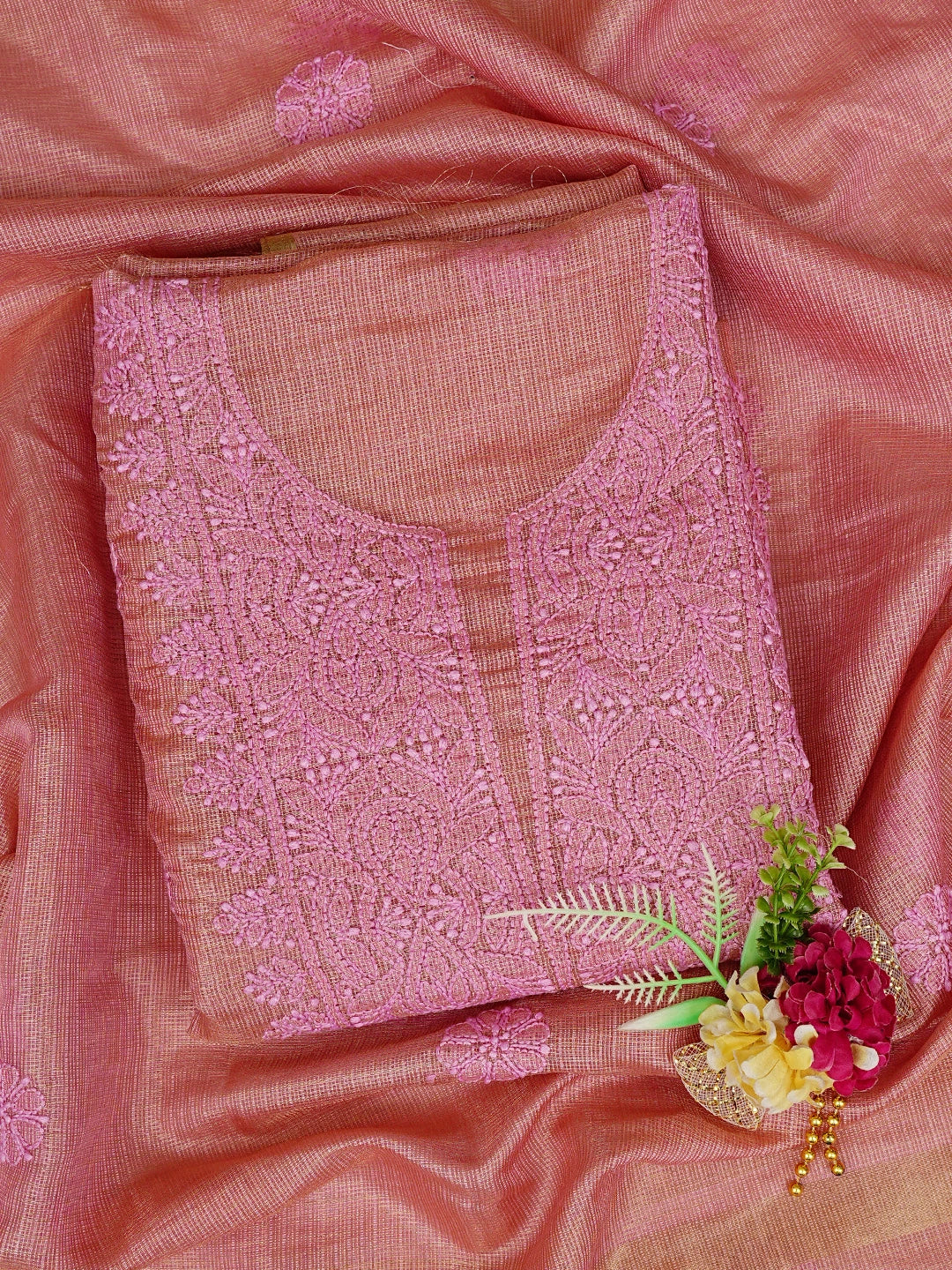 Ada Hand Embroidered Onion Pink Kota Tissue Lucknowi Chikankari Unstitched Kurta Dupatta Set 01A802329