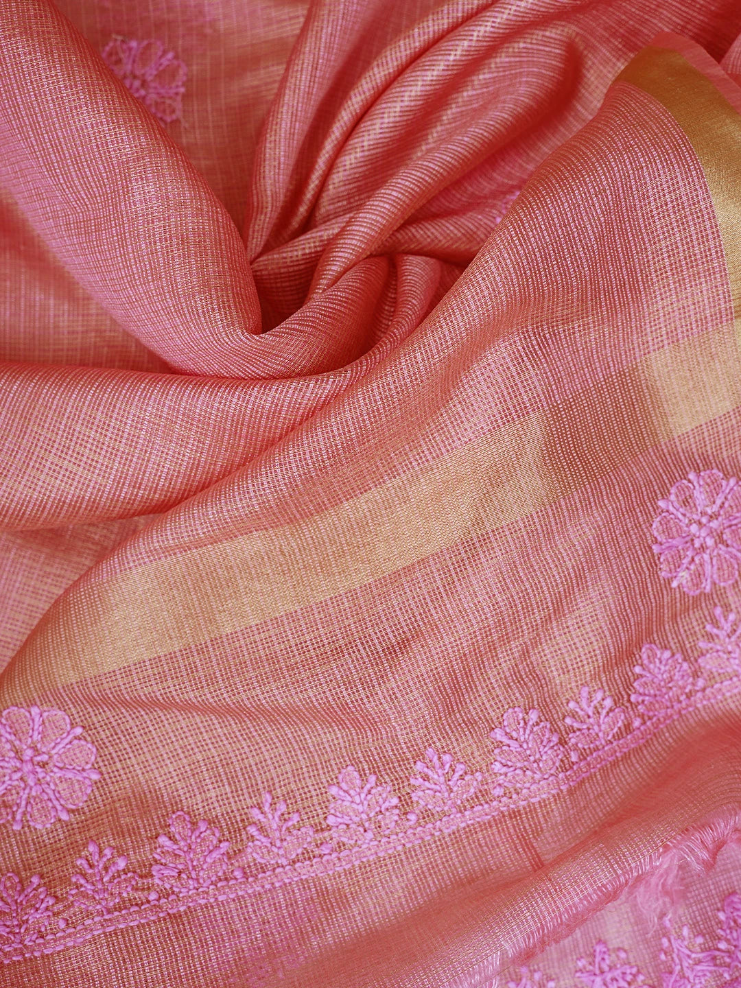 Ada Hand Embroidered Onion Pink Kota Tissue Lucknowi Chikankari Unstitched Kurta Dupatta Set 01A802329