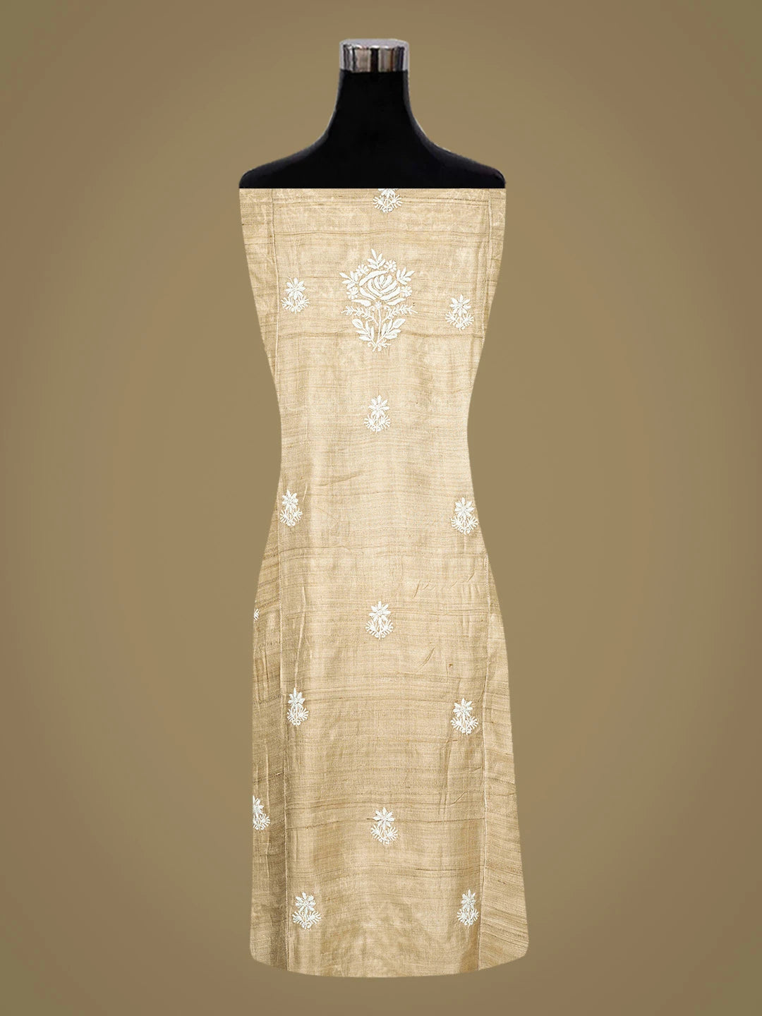 Ada Hand Embroidered Fawn Ghicha Silk Lucknowi Chikankari Semi-stitched Kurta Dupatta Set With Cutdana Work 01A789361