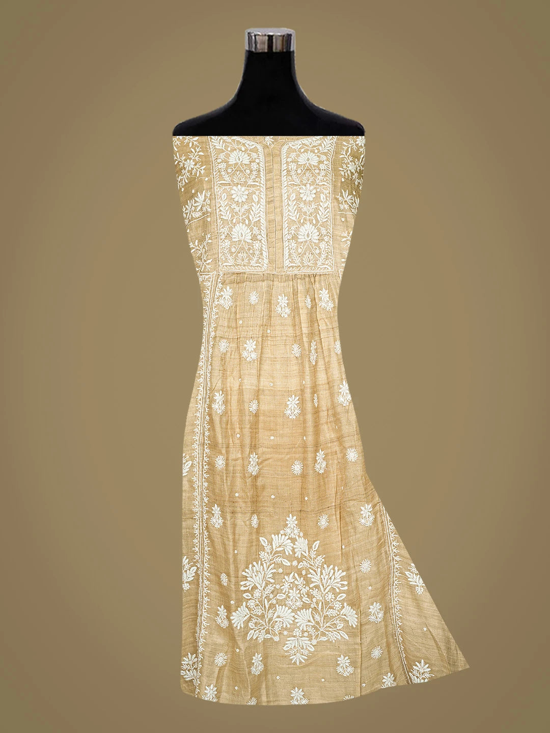 Ada Hand Embroidered Fawn Ghicha Silk Lucknowi Chikankari Semi-stitched Kurta Dupatta Set With Cutdana Work 01A789361