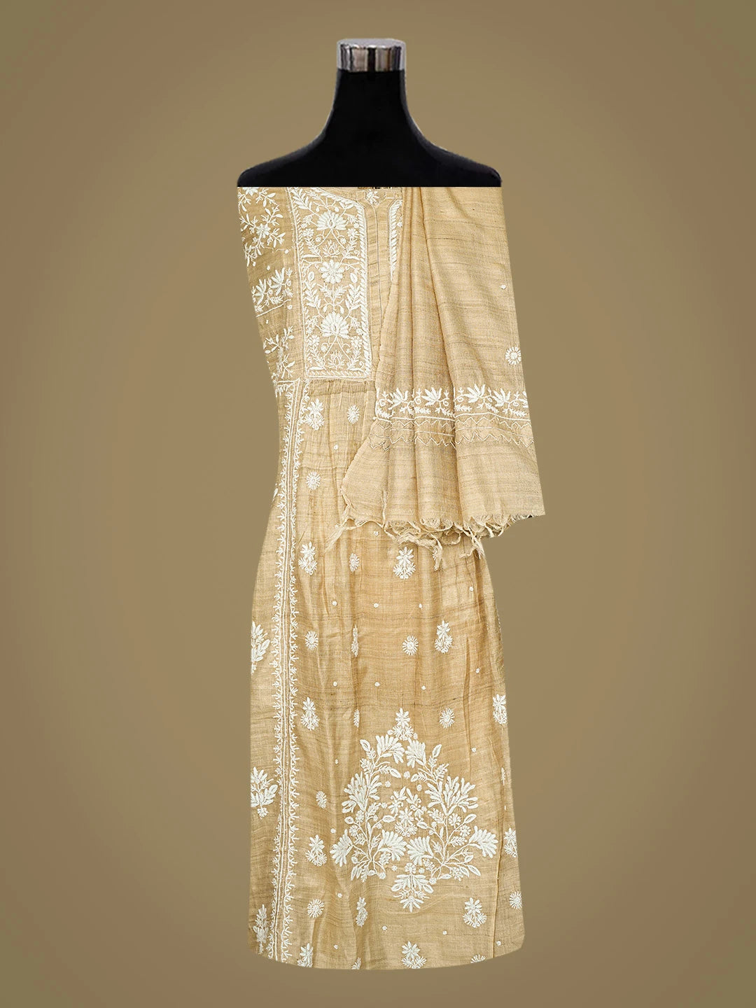 Ada Hand Embroidered Fawn Ghicha Silk Lucknowi Chikankari Semi-stitched Kurta Dupatta Set With Cutdana Work 01A789361