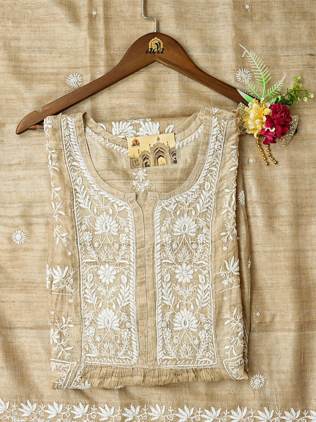 Ada Hand Embroidered Fawn Ghicha Silk Lucknowi Chikankari Semi-stitched Kurta Dupatta Set With Cutdana Work 01A789361