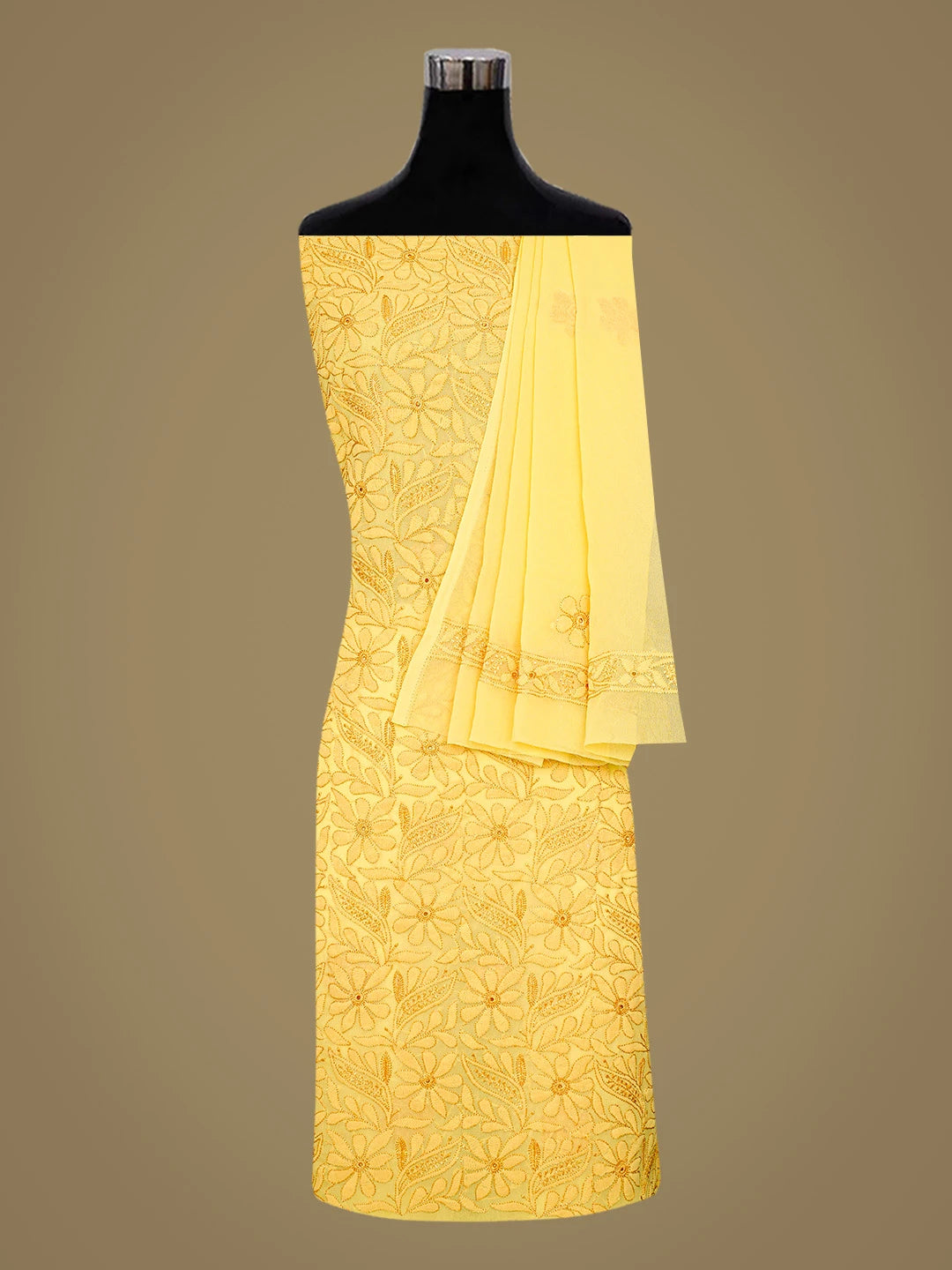 Ada Hand Embroidered Jonquil Yellow Faux Georgette Lucknowi Chikankari Unstitched Suit Piece 01A779903