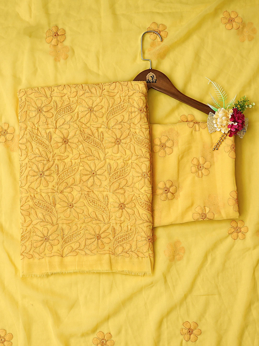 Ada Hand Embroidered Jonquil Yellow Faux Georgette Lucknowi Chikankari Unstitched Suit Piece 01A779903