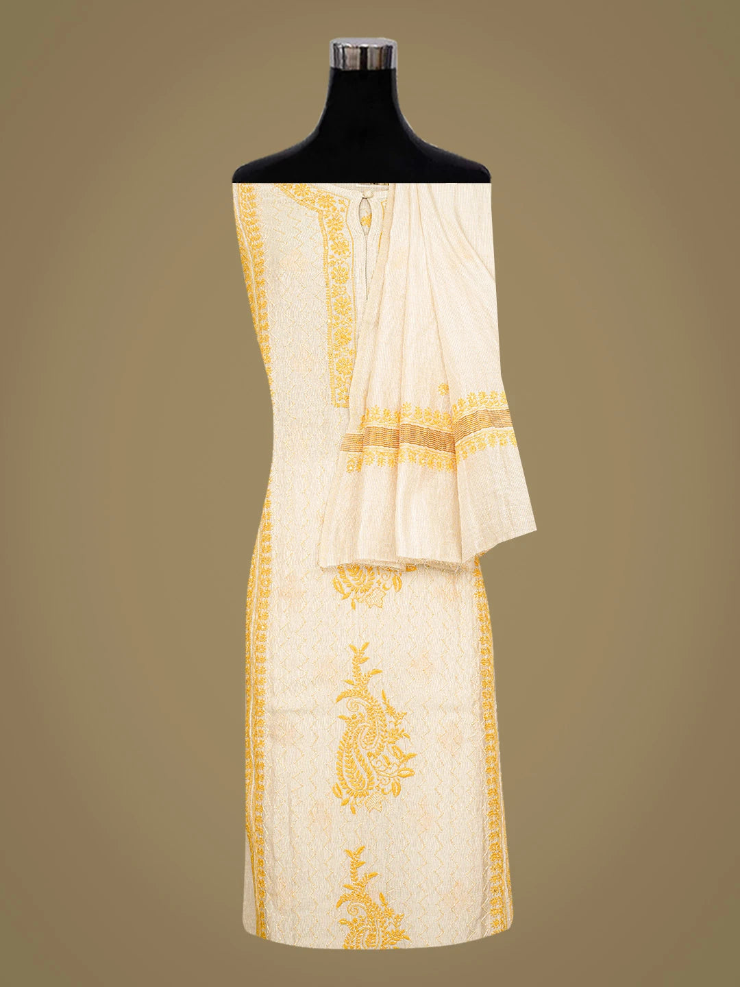 Ada Hand Embroidered Fawn Chanderi Lucknowi Chikankari Semi-stitched Kurta Dupatta Set With Cutdana Work 01A595620
