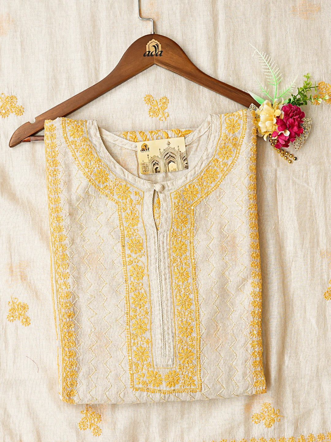 Ada Hand Embroidered Fawn Chanderi Lucknowi Chikankari Semi-stitched Kurta Dupatta Set With Cutdana Work 01A595620
