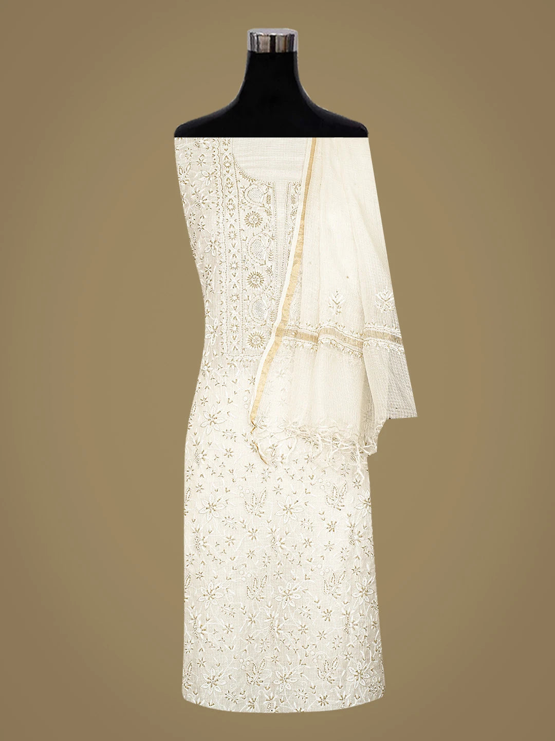 Ada Hand Embroidered White Kota Silk Lucknowi Chikankari Unstitched Kurta Dupatta Set With Cutdana Work 01A728978