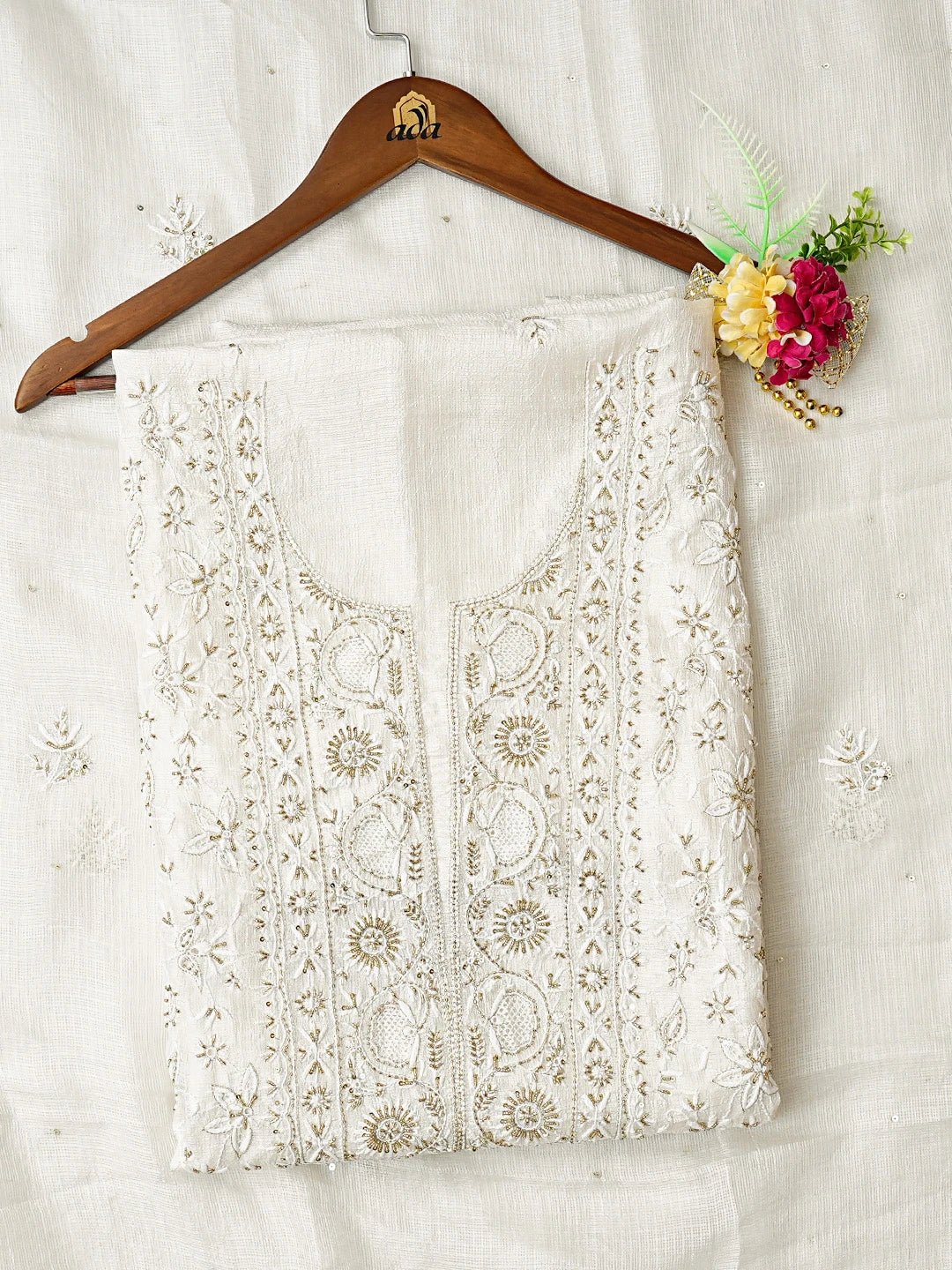 Ada Hand Embroidered White Kota Silk Lucknowi Chikankari Unstitched Kurta Dupatta Set With Cutdana Work 01A728978
