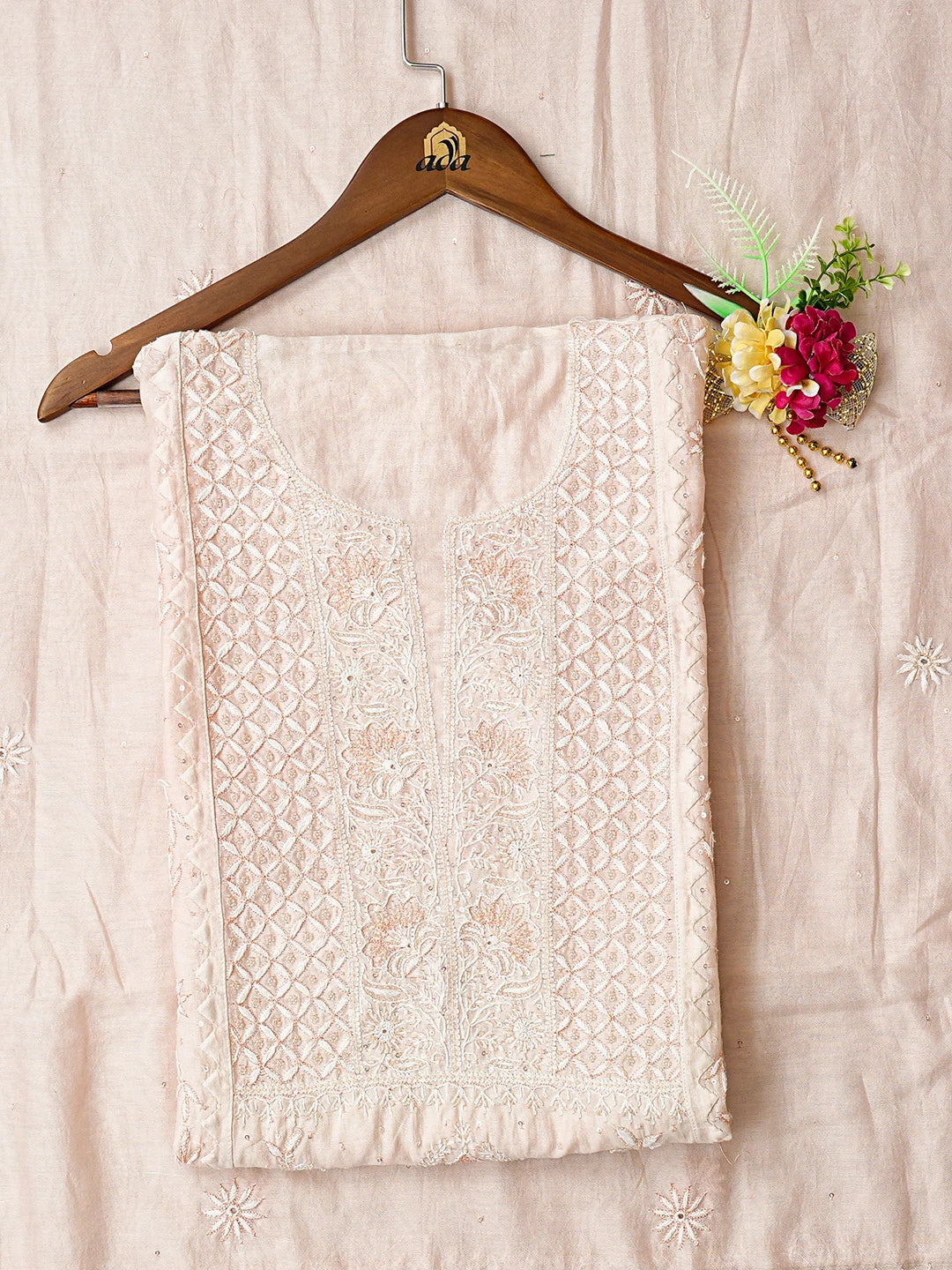 Ada Hand Embroidered Heather Peach Chanderi Lucknowi Chikankari Semi-Stitched Kurta Dupatta Set With Cutdana  Work 01A639537