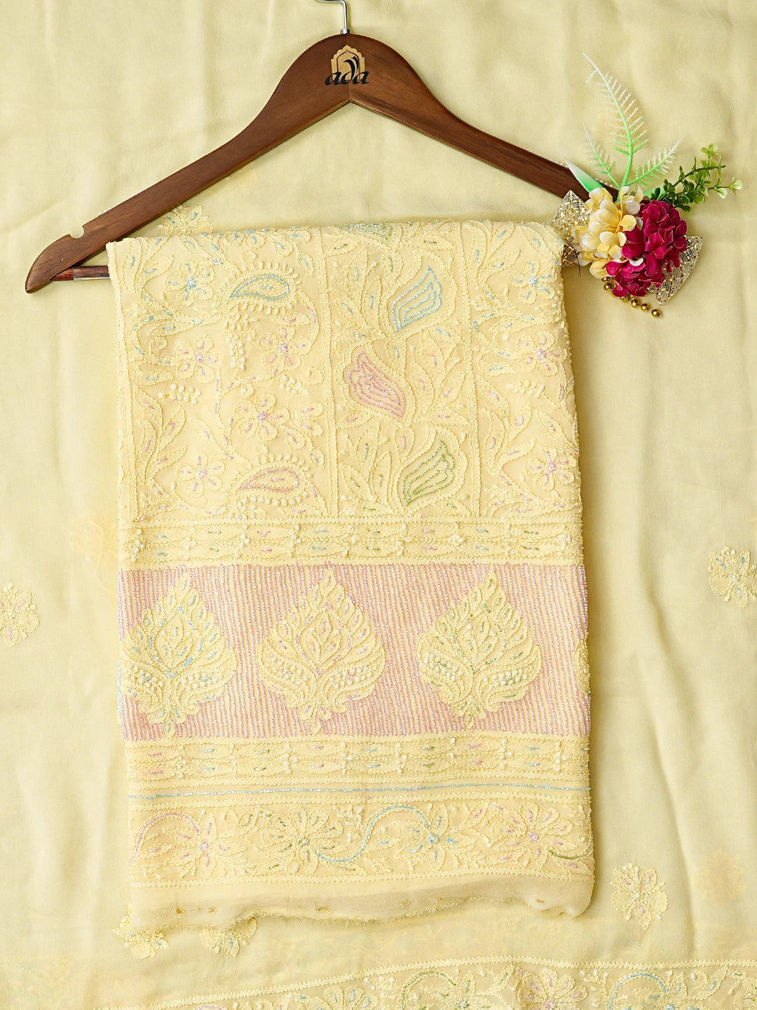 Ada Hand Embroidered Light Yellow Viscose Georgette Lucknowi Chikankari Unstitched Kurta Dupatta Set With Cutdana Work 01A807094