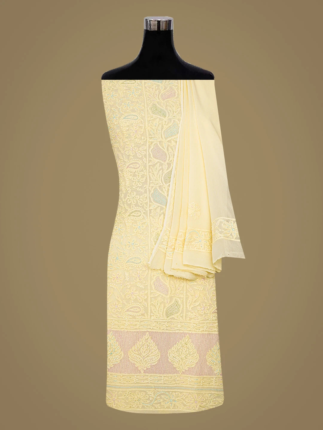 Ada Hand Embroidered Light Yellow Viscose Georgette Lucknowi Chikankari Unstitched Kurta Dupatta Set With Cutdana Work 01A807094