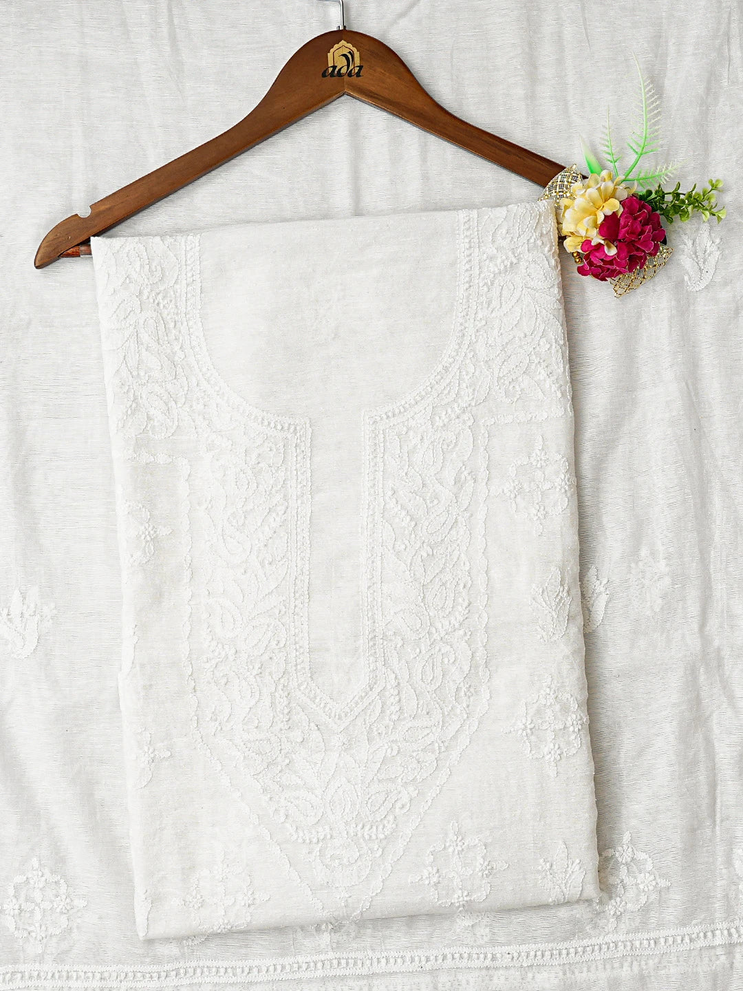 Ada Hand Embroidered White Chanderi Lucknowi Chikankari Unstitched Kurta Dupatta Set 01A384941