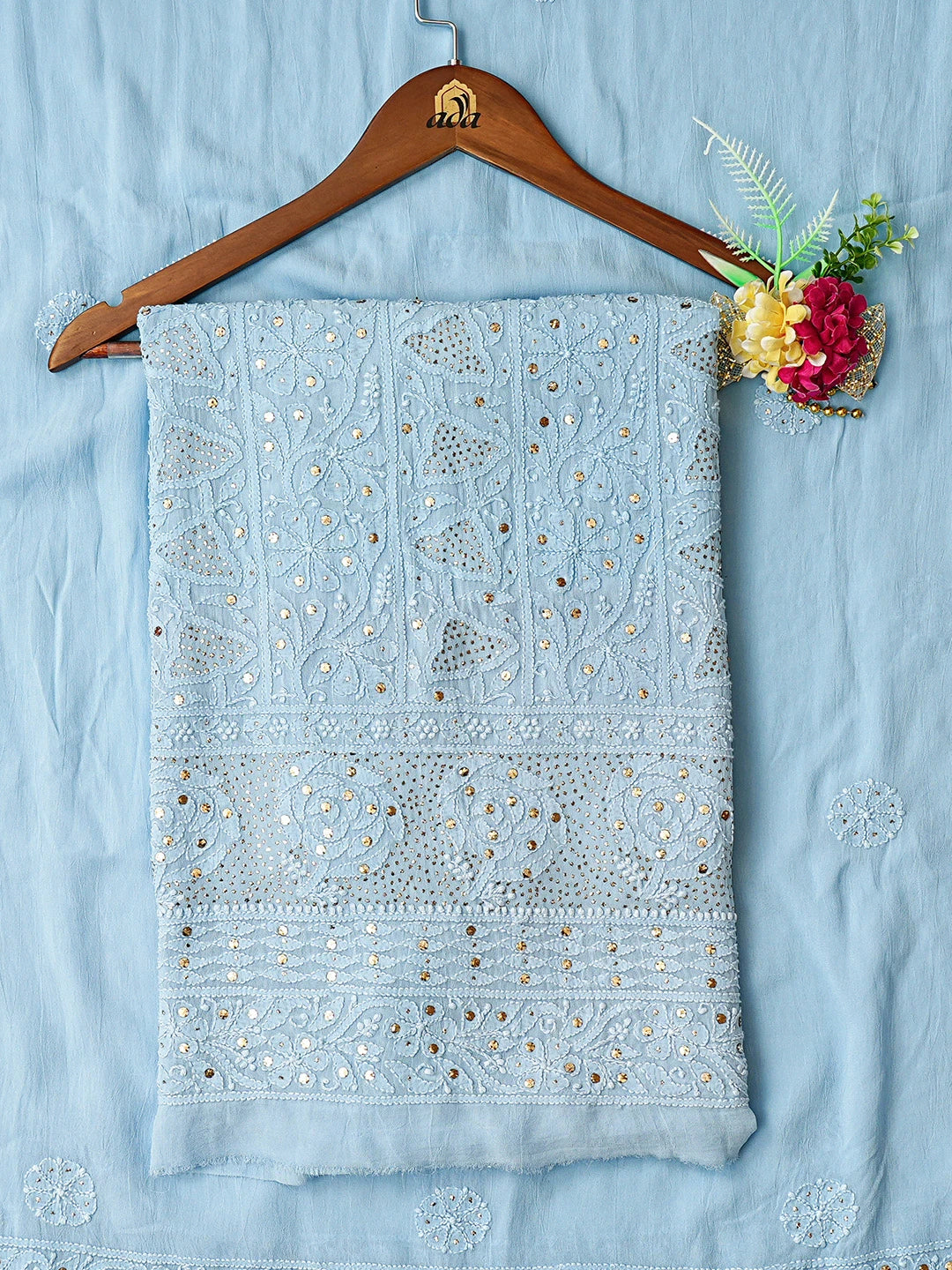Ada Hand Embroidered Blue Viscose Georgette Lucknowi Chikankari Unstitched Kurta Dupatta Set With Mukaish Work 01A815255