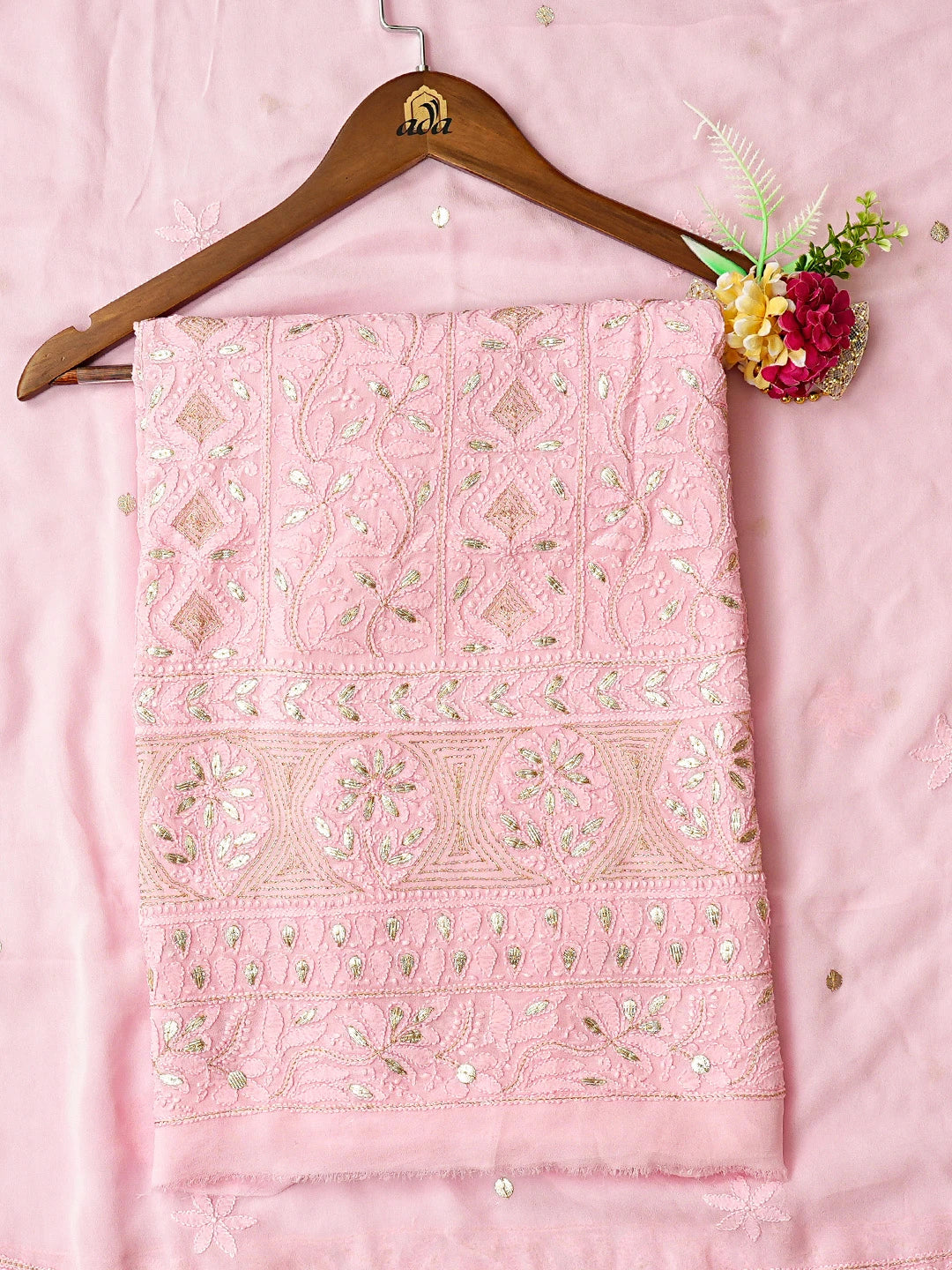Ada Hand Embroidered Pink Viscose Georgette Lucknowi Chikankari Unstitched Kurta Dupatta Set With Gotapatti Work 01A809556