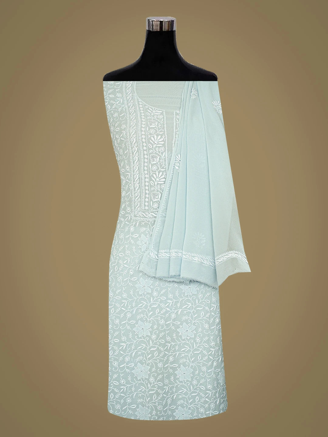 Ada Hand Embroidered Pastel Blue Pure Georgette Lucknowi Chikankari Unstitched Kurta Dupatta Set 01A781947