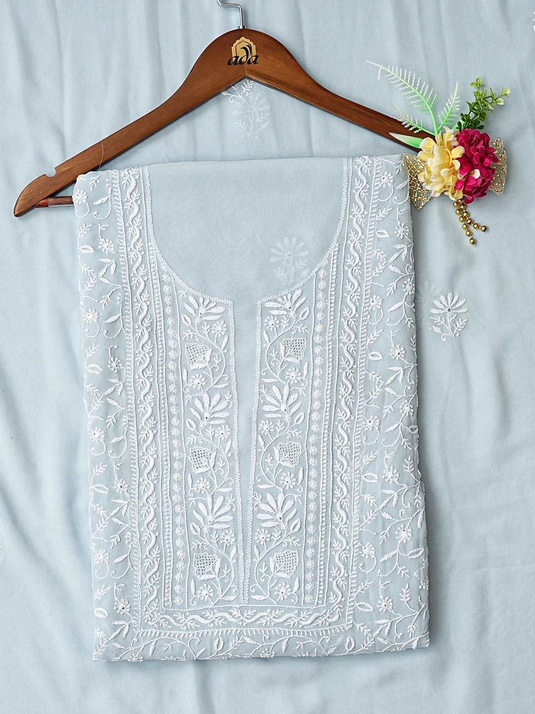 Ada Hand Embroidered Pastel Blue Pure Georgette Lucknowi Chikankari Unstitched Kurta Dupatta Set 01A781947