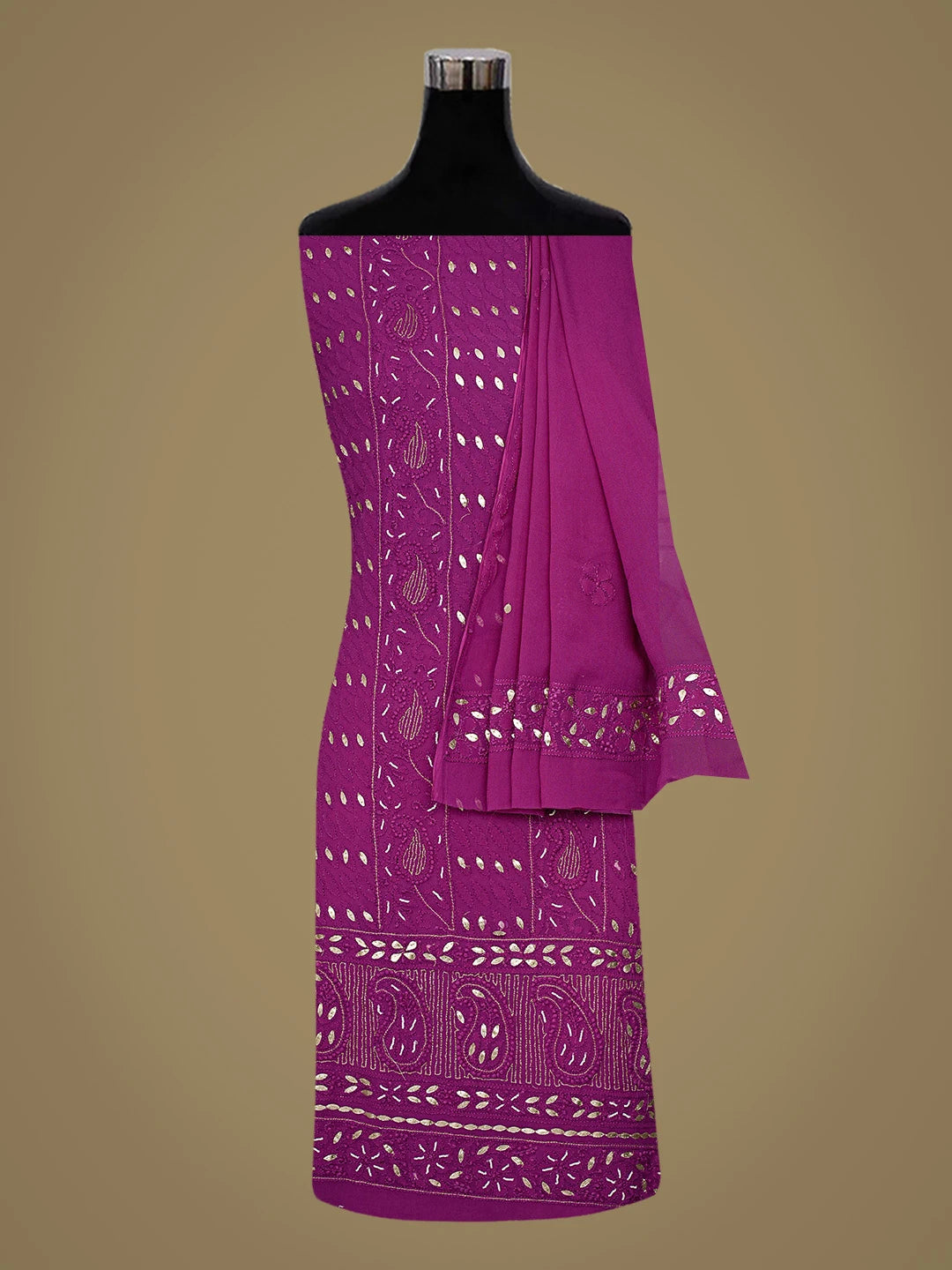 Ada Hand Embroidered Wine Viscose Georgette Lucknowi Chikankari Unstitched Kurta Dupatta Set With Gotapatti Work 01A801907