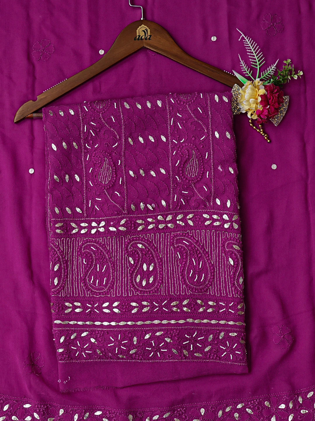 Ada Hand Embroidered Wine Viscose Georgette Lucknowi Chikankari Unstitched Kurta Dupatta Set With Gotapatti Work 01A801907