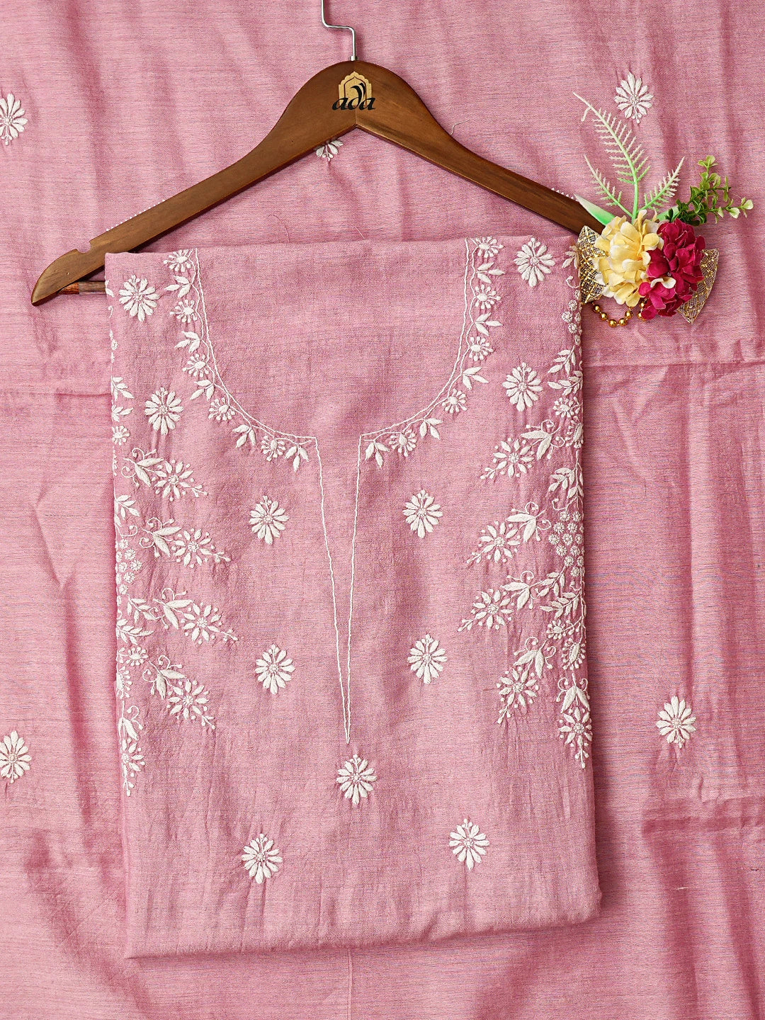 Ada Hand Embroidered Puce Pink Moonga Silk Lucknowi Chikankari Unstitched Kurta Dupatta Set 01A727364