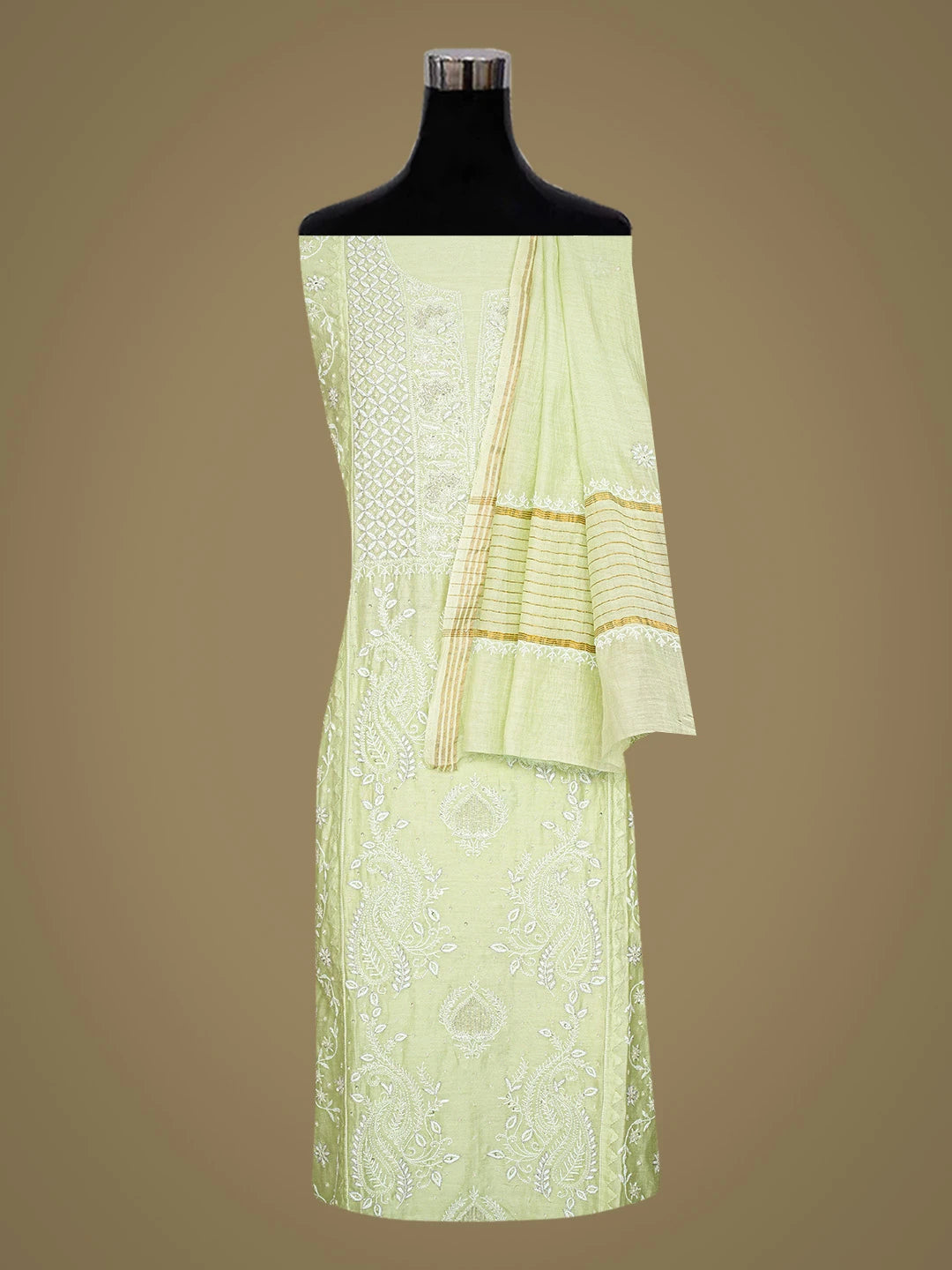 Ada Hand Embroidered Pista Green Chanderi Lucknowi Chikankari Semi-Stitched Kurta Dupatta Set With Cutdana Work 01A639532