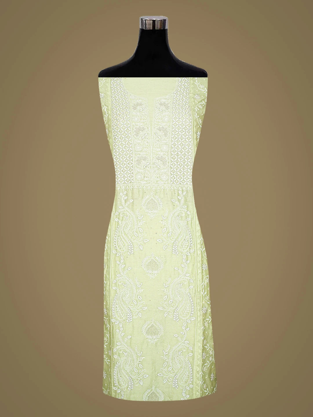 Ada Hand Embroidered Pista Green Chanderi Lucknowi Chikankari Semi-Stitched Kurta Dupatta Set With Cutdana Work 01A639532