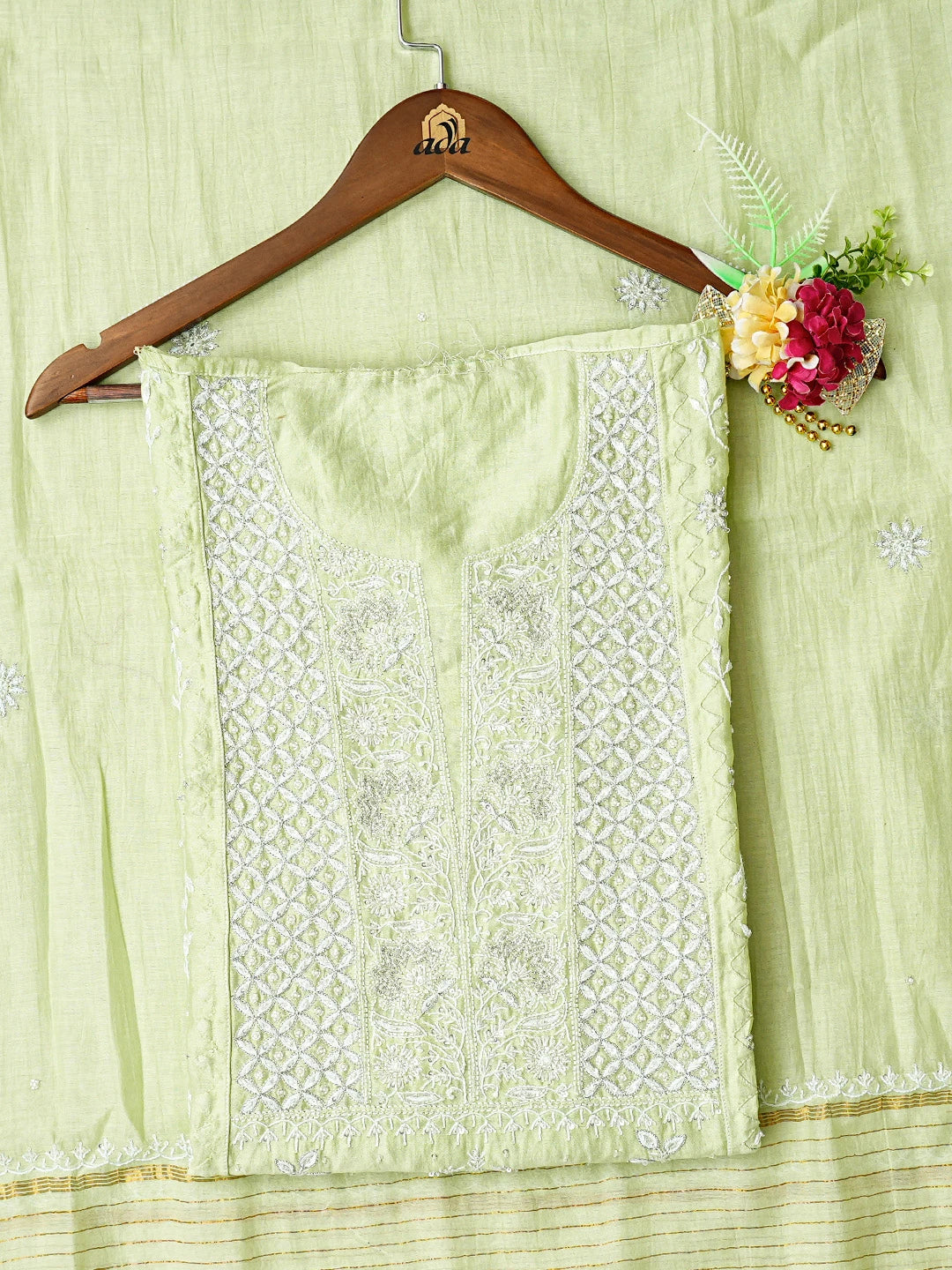 Ada Hand Embroidered Pista Green Chanderi Lucknowi Chikankari Semi-Stitched Kurta Dupatta Set With Cutdana Work 01A639532