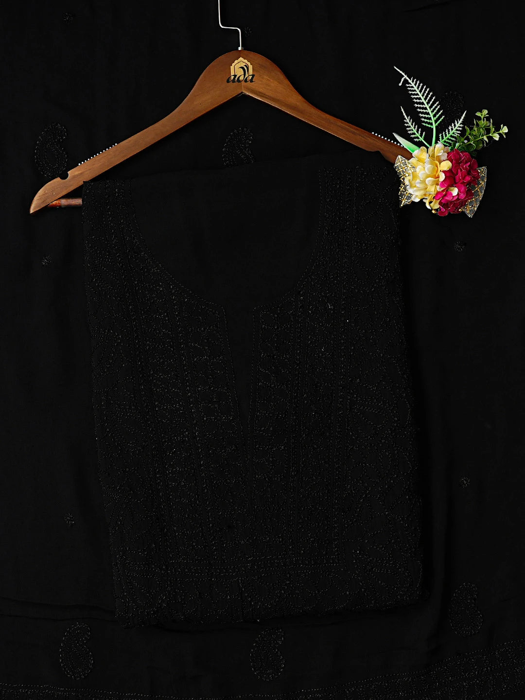 Ada Hand Embroidered Black Viscose Georgette Lucknowi Chikankari Unstitched Kurta Dupatta Set 01A809933