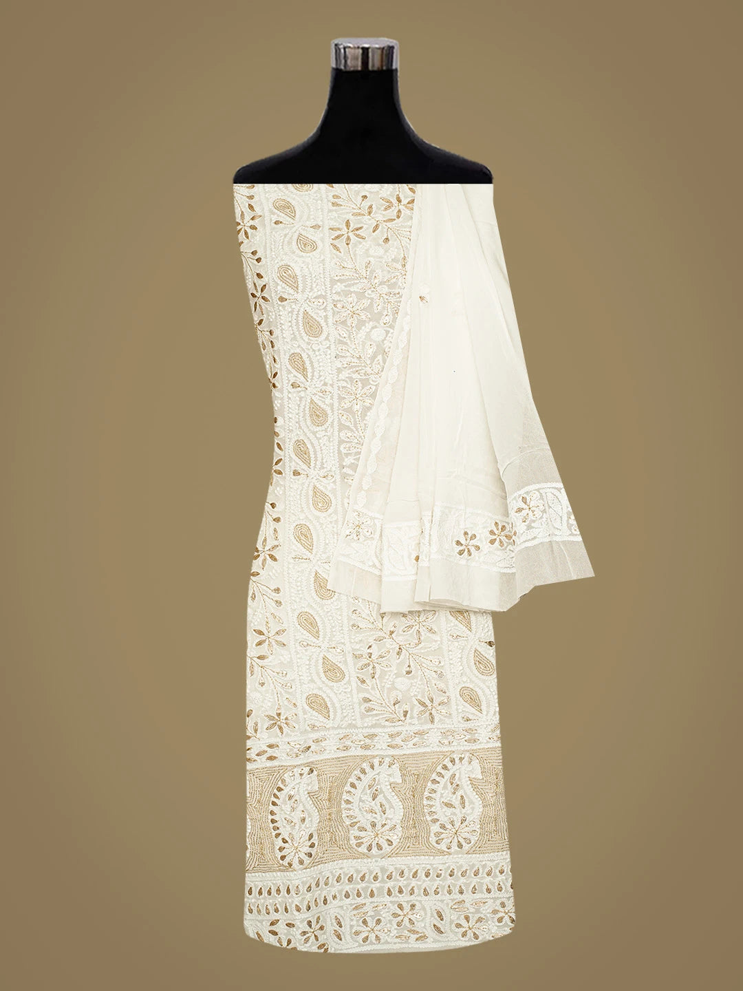 Ada Hand Embroidered White Viscose Georgette Lucknowi Chikankari Unstitched Kurta Dupatta Set With Gotapatti Work 01A808547