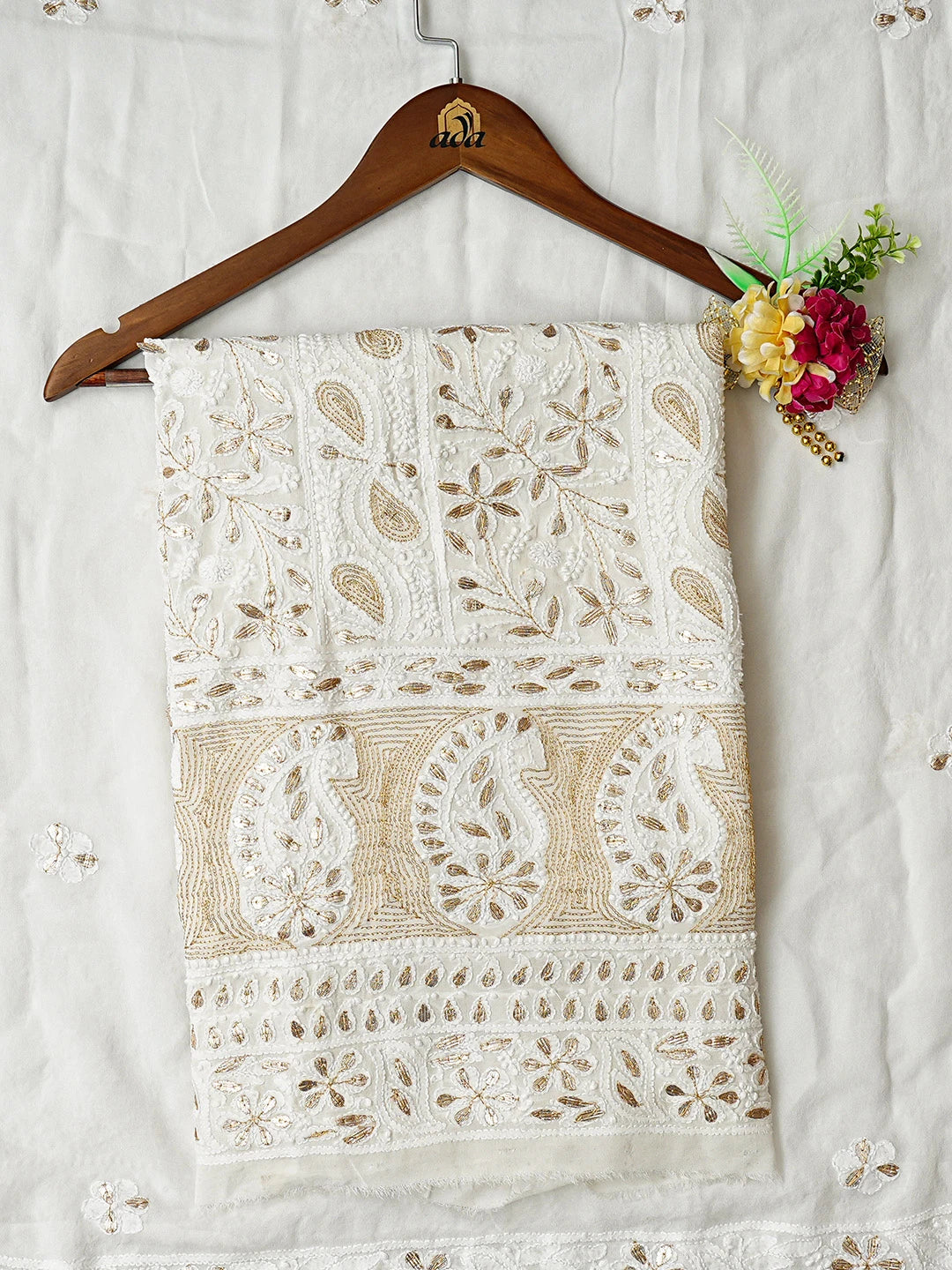 Ada Hand Embroidered White Viscose Georgette Lucknowi Chikankari Unstitched Kurta Dupatta Set With Gotapatti Work 01A808547