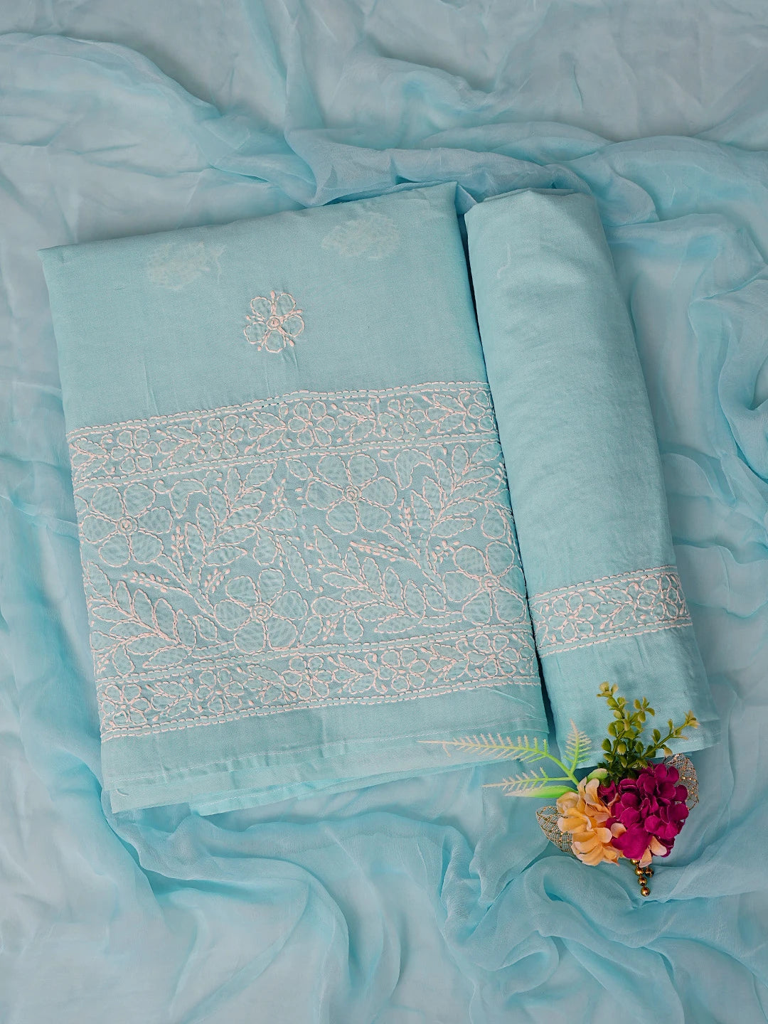 Ada Hand Embroidered Blue Cotton Lucknowi Chikankari Unstitched Suit Piece 01A818702