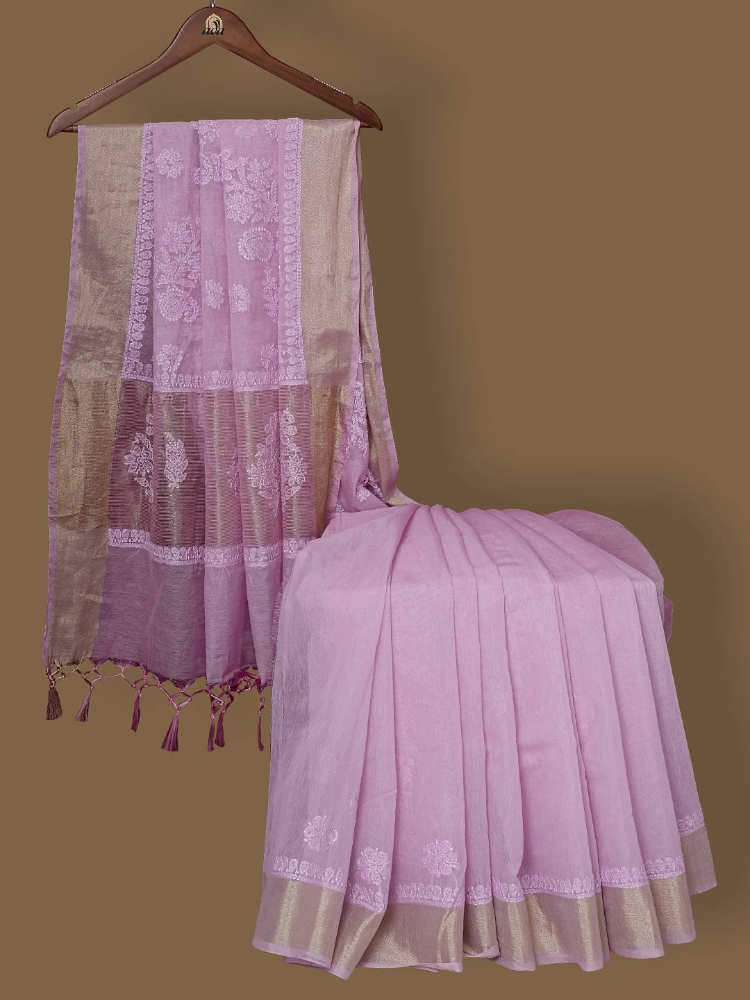 Ada Hand Embroidered Lavender Chanderi Lucknowi Chikankari Saree With Blouse 01A794464