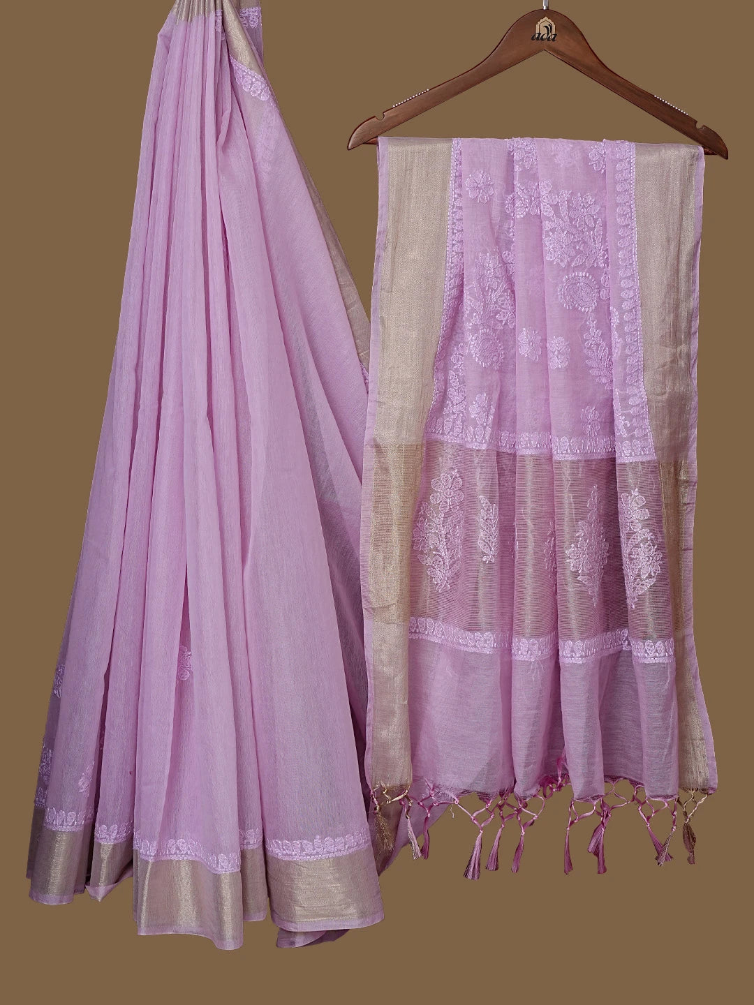 Ada Hand Embroidered Lavender Chanderi Lucknowi Chikankari Saree With Blouse 01A794464