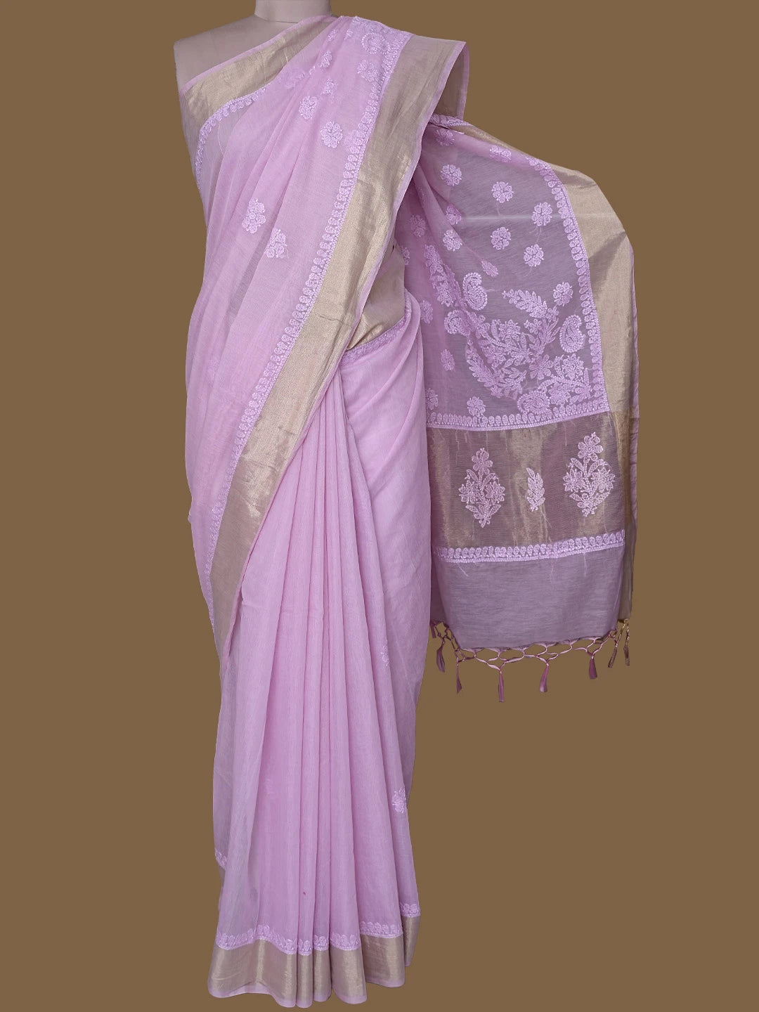 Ada Hand Embroidered Lavender Chanderi Lucknowi Chikankari Saree With Blouse 01A794464