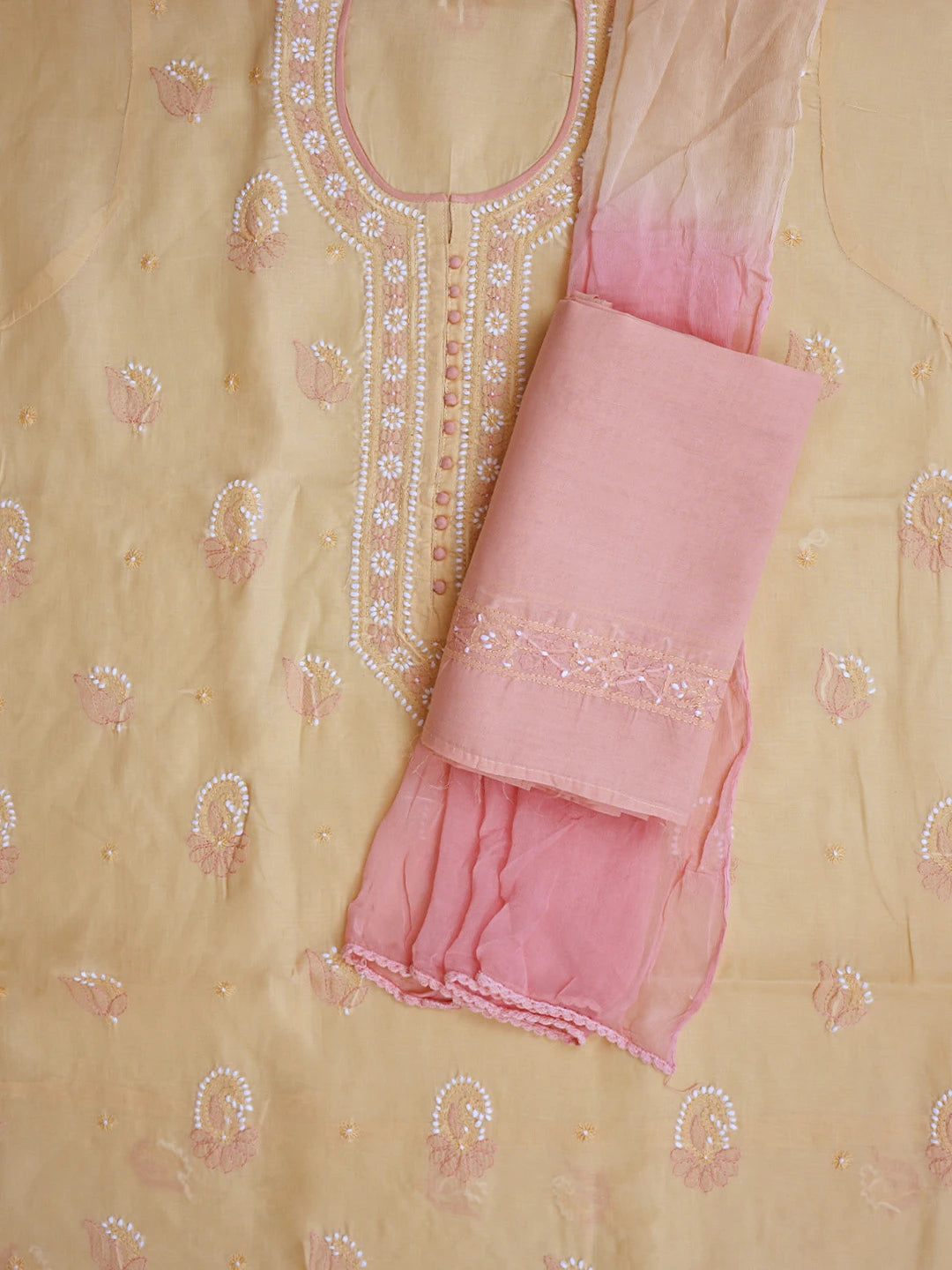 Ada Hand Embroidered Fawn Cotton Lucknowi Chikankari Unstitched Suit Piece 08A500394