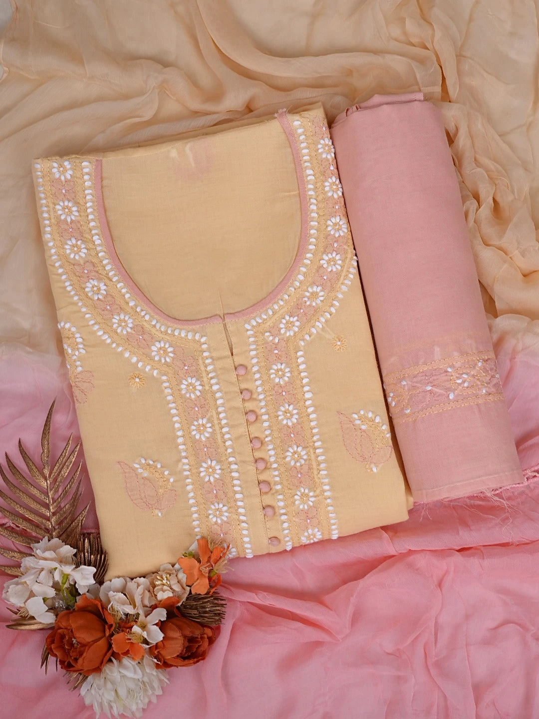 Ada Hand Embroidered Fawn Cotton Lucknowi Chikankari Unstitched Suit Piece 08A500394