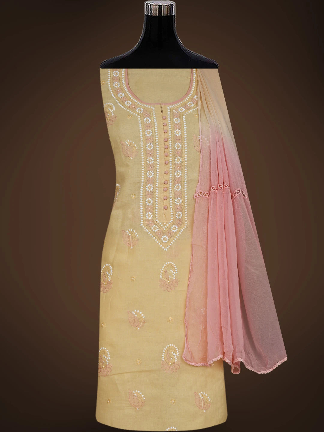 Ada Hand Embroidered Fawn Cotton Lucknowi Chikankari Unstitched Suit Piece 08A500394