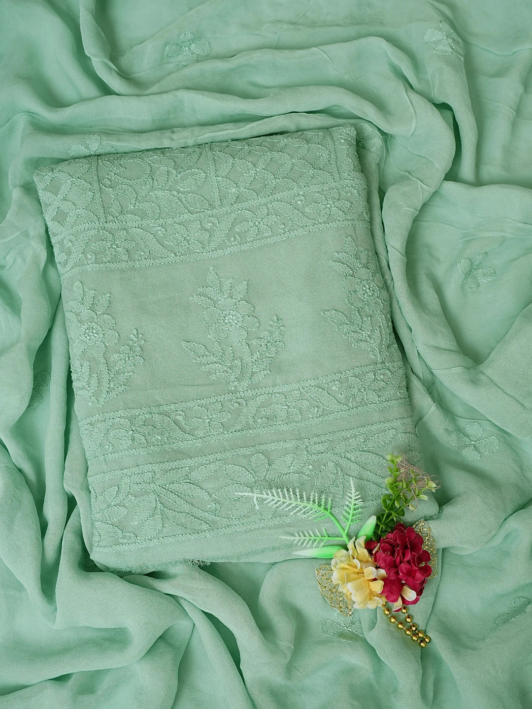 Ada Hand Embroidered Mint Green Viscose Georgette Lucknowi Chikankari Unstitched Kurta Dupatta Set 01A811763