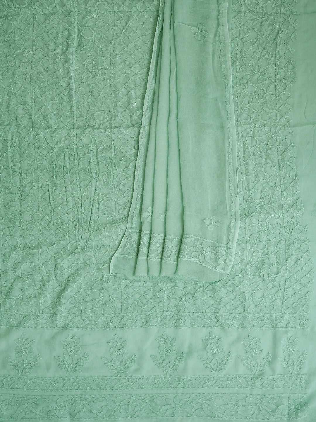 Ada Hand Embroidered Mint Green Viscose Georgette Lucknowi Chikankari Unstitched Kurta Dupatta Set 01A811763