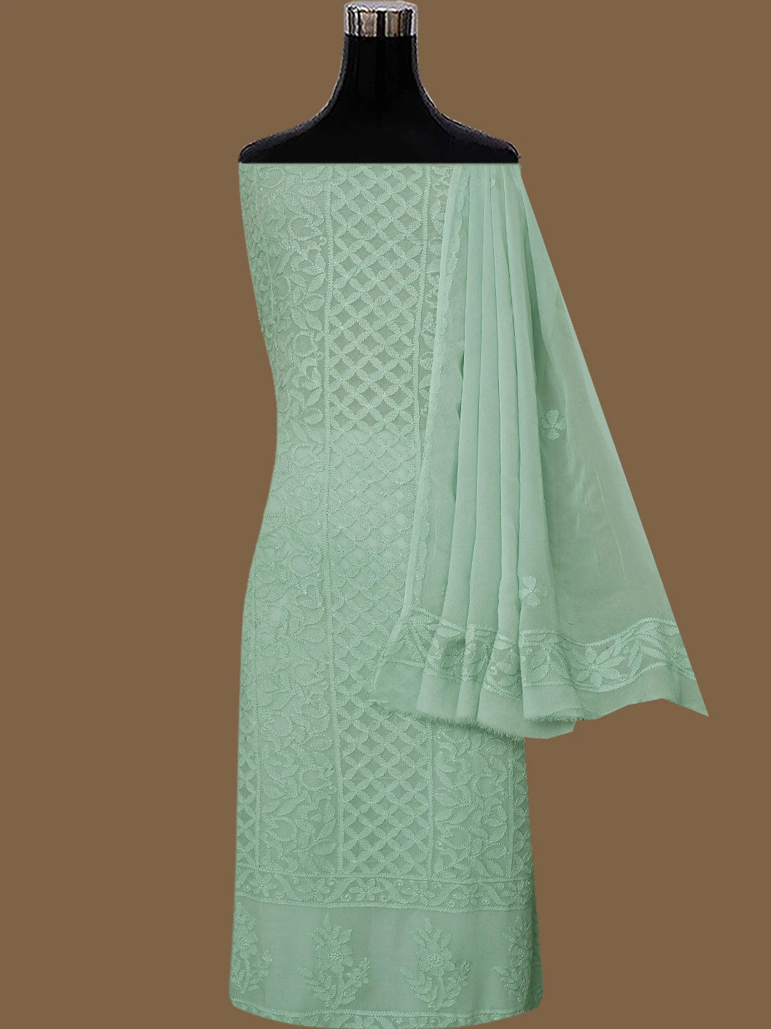 Ada Hand Embroidered Mint Green Viscose Georgette Lucknowi Chikankari Unstitched Kurta Dupatta Set 01A811763