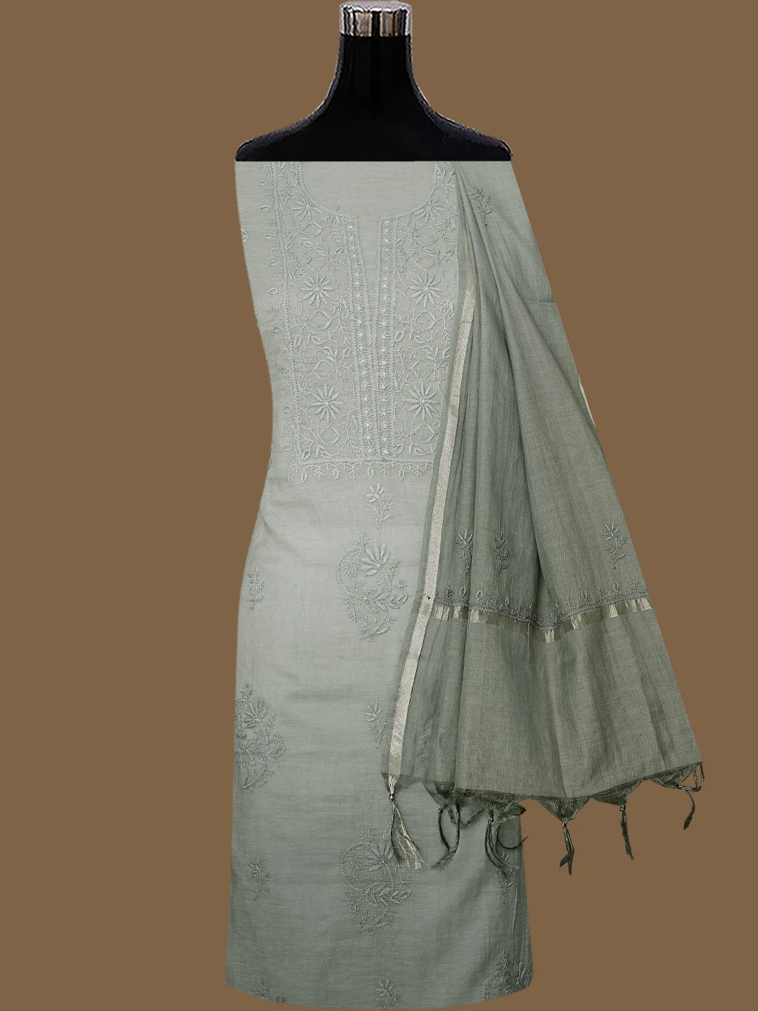 Ada Hand Embroidered Cadet Grey Chanderi Lucknowi Chikankari Unstitched Kurta Dupatta Set 01A810999