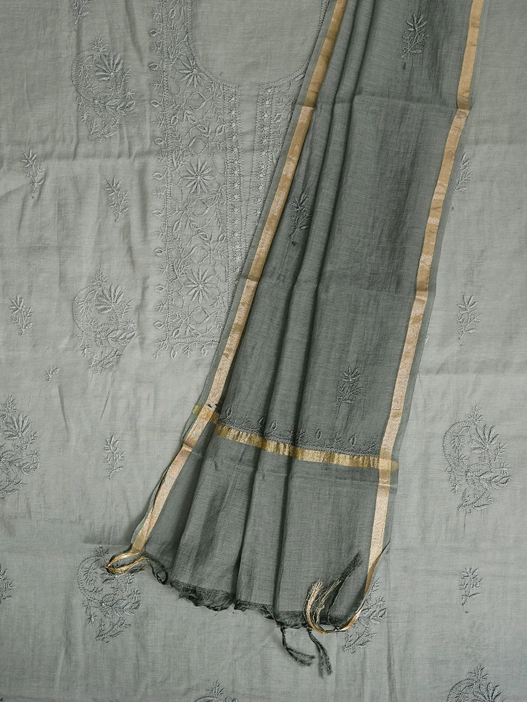 Ada Hand Embroidered Cadet Grey Chanderi Lucknowi Chikankari Unstitched Kurta Dupatta Set 01A810999