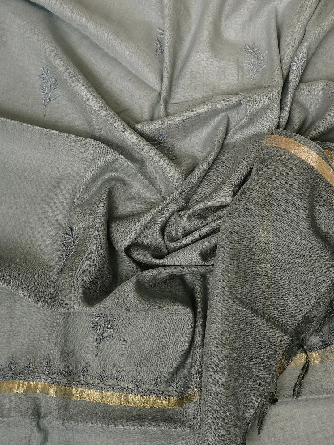 Ada Hand Embroidered Cadet Grey Chanderi Lucknowi Chikankari Unstitched Kurta Dupatta Set 01A810999