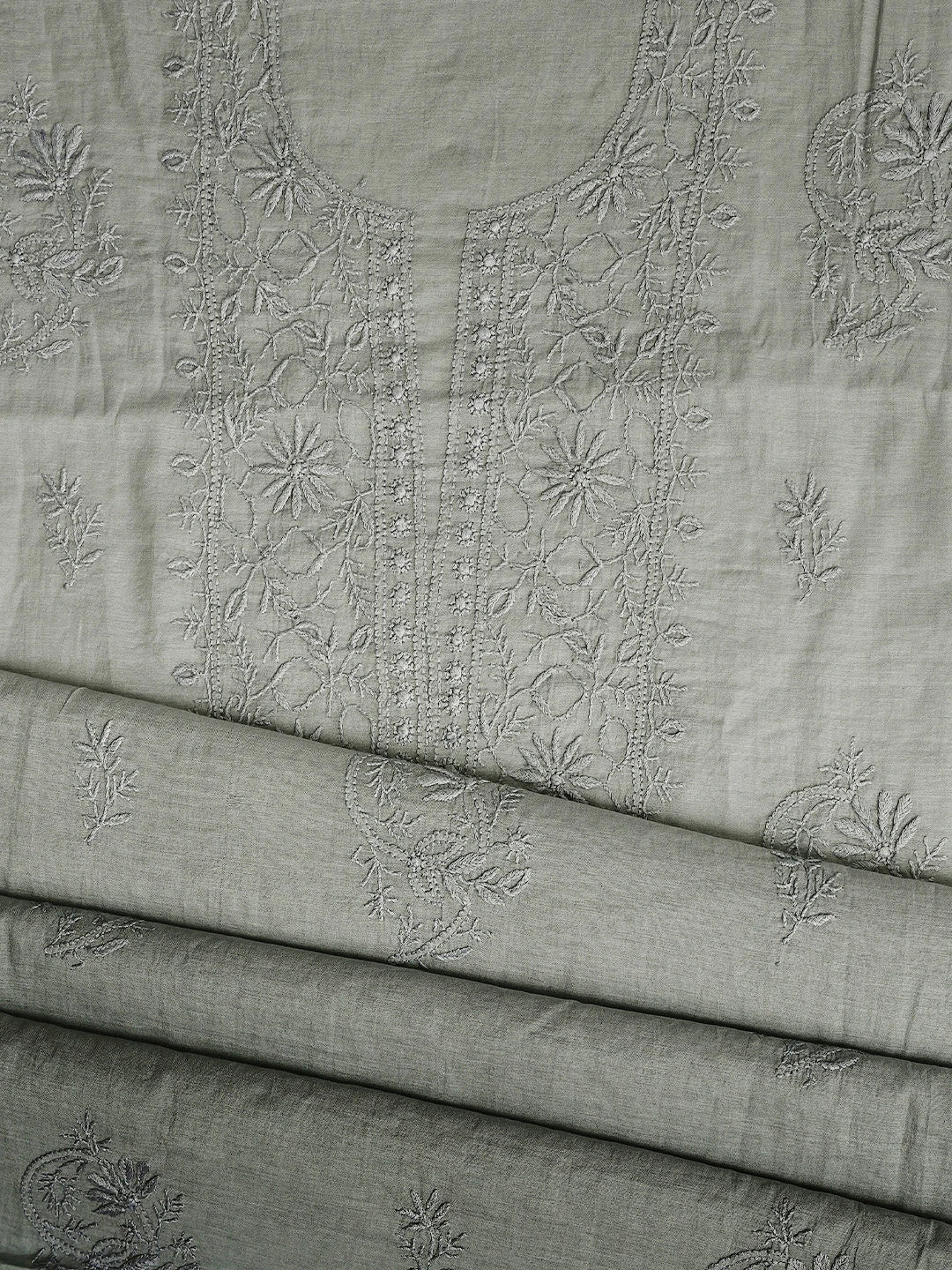 Ada Hand Embroidered Cadet Grey Chanderi Lucknowi Chikankari Unstitched Kurta Dupatta Set 01A810999